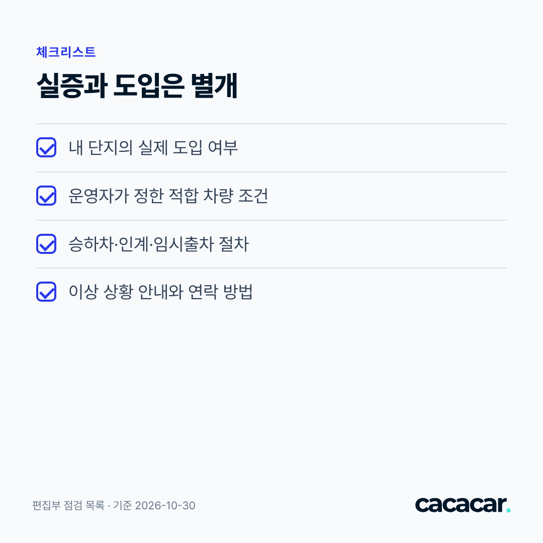 실증과 도입은 별개: 내 단지의 실제 도입 여부 · 운영자가 정한 적합 차량 조건 · 승하차·인계·임시출차 절차 · 이상 상황 안내와 연락 방법