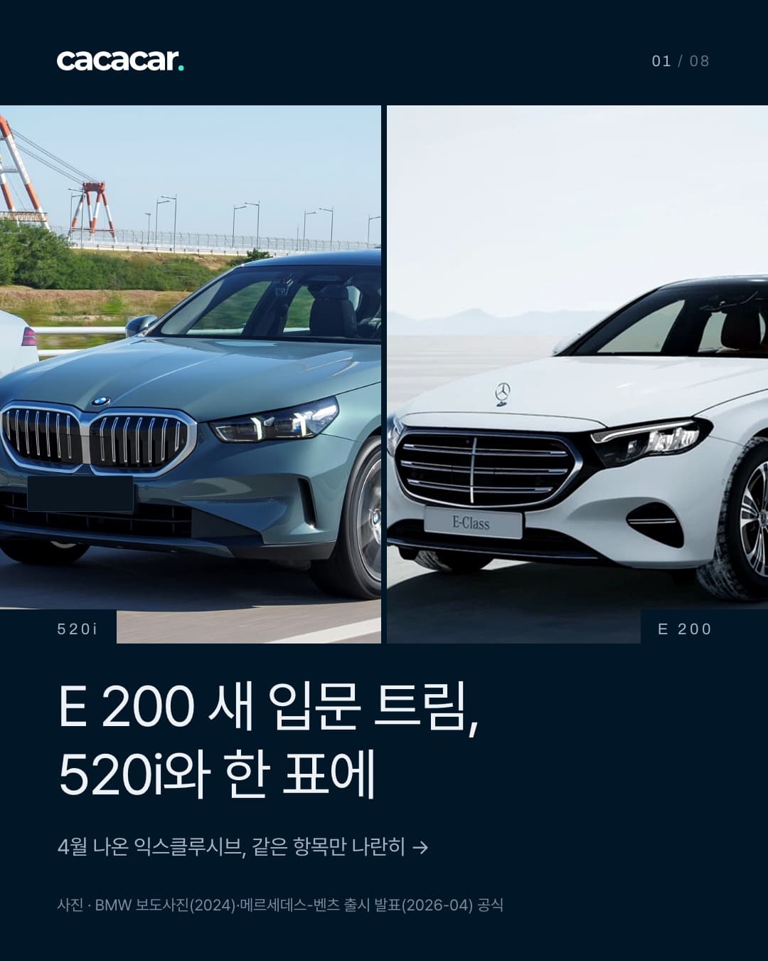 표지. 네이비 바탕 위 두 사진 액자에 세단 두 대의 앞 3/4 얼굴을 같은 크기로 가까이 담았다. 왼쪽은 도로를 달리는 청록색 520i(BMW 2024년 보도사진, 뒤로 풀밭·크레인·푸른 하늘, 왼쪽 끝에 다른 차 뒷부분 일부), 오른쪽은 흰 소금 평원에 선 흰색 E 200 익스클루시브(메르세데스-벤츠 2026년 4월 출시 발표 사진, 가로 3줄 크롬 그릴·보닛 위 삼각별). 520i 번호판은 짙은 판으로 가렸다. 아래 이름표 '520i'·'E 200', 제목 'E 200 새 입문 트림, 520i와 한 표에', 보조 줄 '4월 나온 익스클루시브, 같은 항목만 나란히 →', 맨 아래 사진 출처 줄.