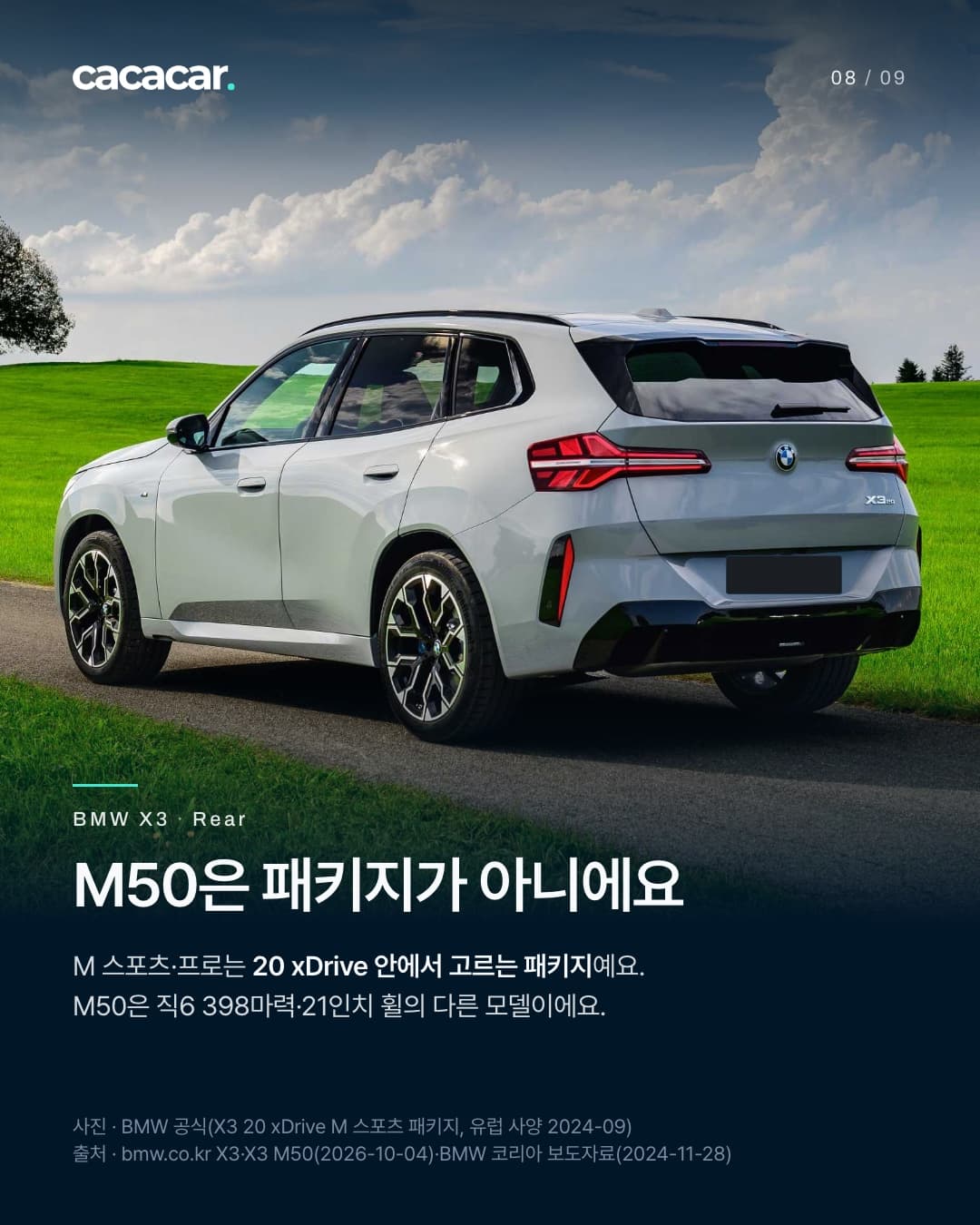 8장. 비스듬히 뒤에서 본 그레이 X3 20 xDrive M 스포츠 패키지, 뒤 번호판은 가렸다. 제목 'M50은 패키지가 아니에요' — M 스포츠·프로는 20 xDrive 안에서 고르는 패키지이고, M50은 직6 398마력·21인치 휠의 다른 모델이다.