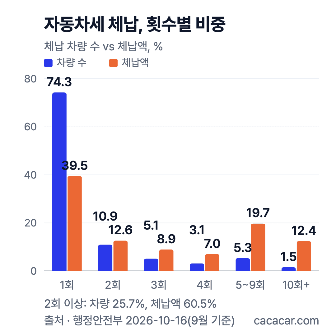 자동차세 체납 횟수별 비중: 1회 차량 74.3%·체납액 39.5%, 2회 이상은 차량 25.7%지만 체납액 60.5%