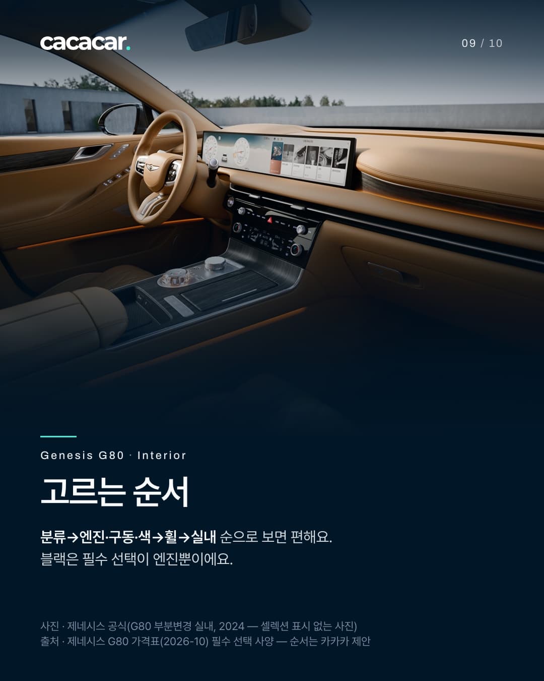 9장. 운전석 쪽에서 비스듬히 본 밝은 갈색 가죽의 제네시스 G80 실내로, 스티어링 휠과 가로로 긴 화면, 나뭇결 센터콘솔이 보인다. 제목 '셀렉션, 고르는 순서'.