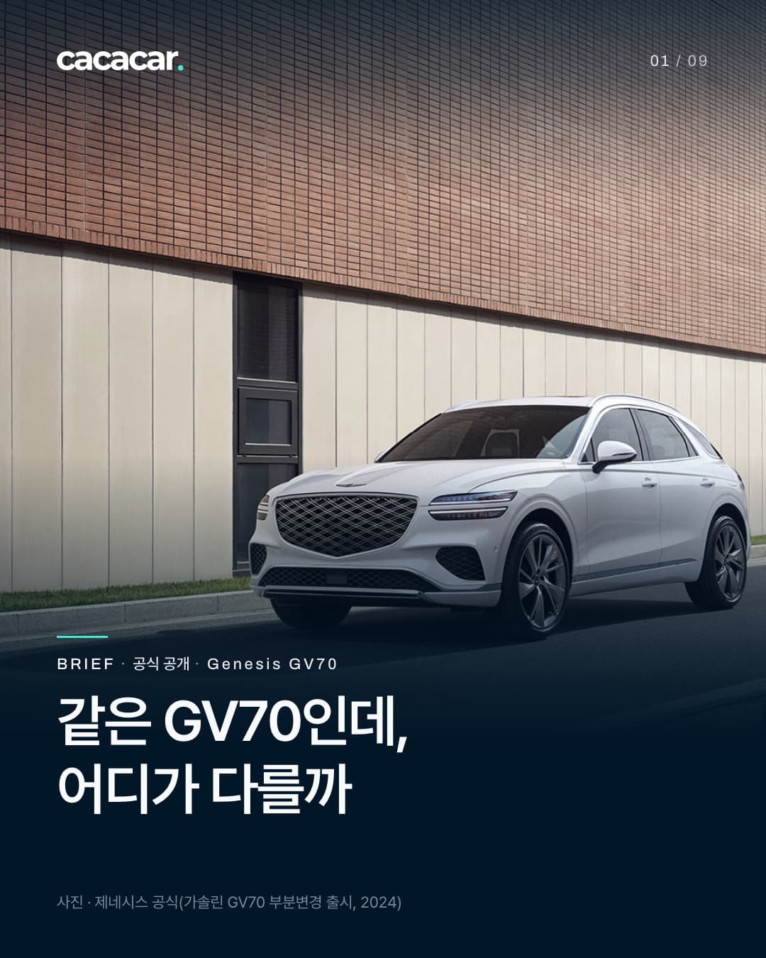표지. 벽돌 벽 앞에서 비스듬히 앞에서 본 흰색 제네시스 GV70, 두 줄 헤드램프와 크레스트 그릴이 보인다. 제목 '같은 GV70인데, 어디가 다를까'.