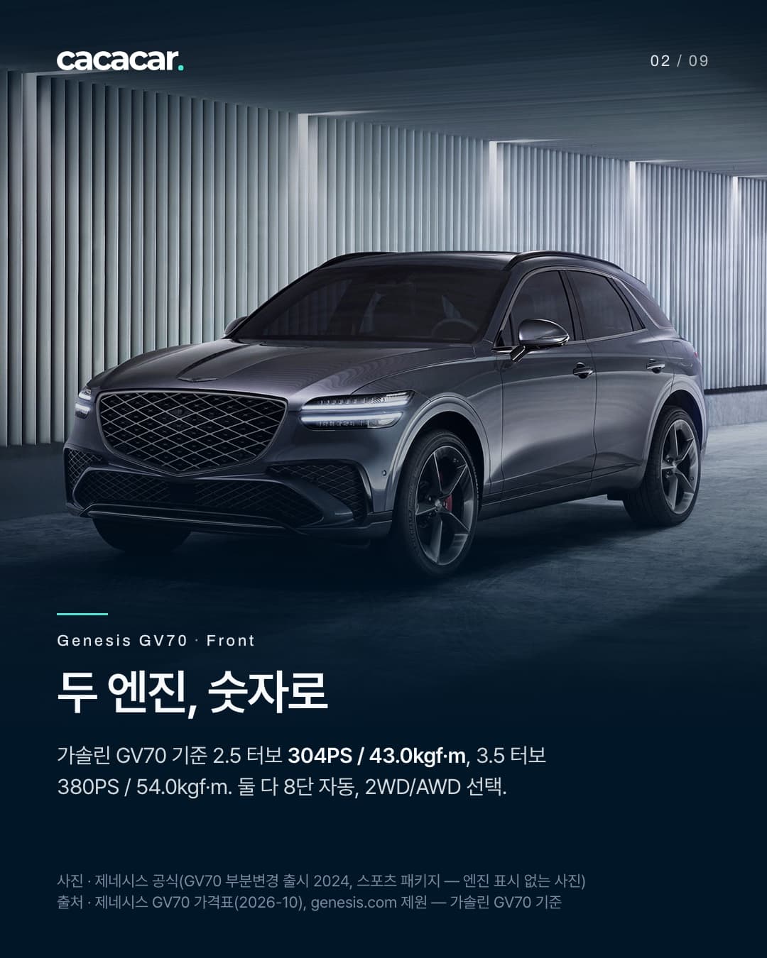 2장. 어두운 실내 조명 아래 비스듬히 앞에서 본 회색 제네시스 GV70(스포츠 패키지), 붉은 브레이크 캘리퍼와 검정 휠이 보인다. 제목 '두 엔진, 숫자로'.