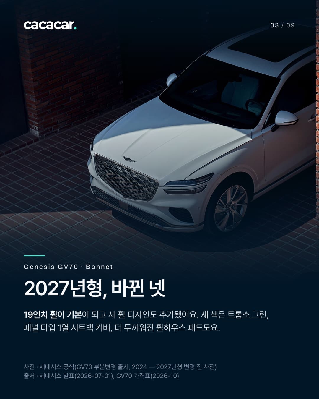 3장. 위에서 내려다본 흰색 제네시스 GV70의 보닛과 크레스트 그릴, 앞 휠. 제목 '2027년형, 바뀐 넷'.
