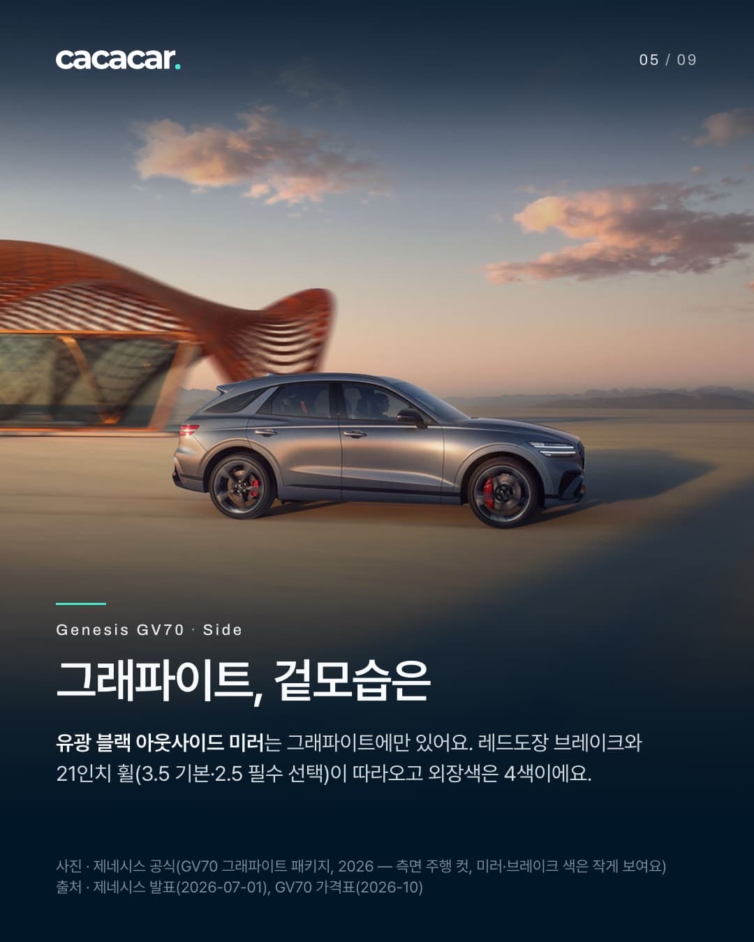 5장. 사막과 석양 하늘, 주황빛 격자 조형물을 배경으로 달리는 회색 제네시스 GV70 그래파이트 패키지의 옆모습, 검정 휠과 검정 미러가 보인다. 제목 '그래파이트, 겉모습은'.