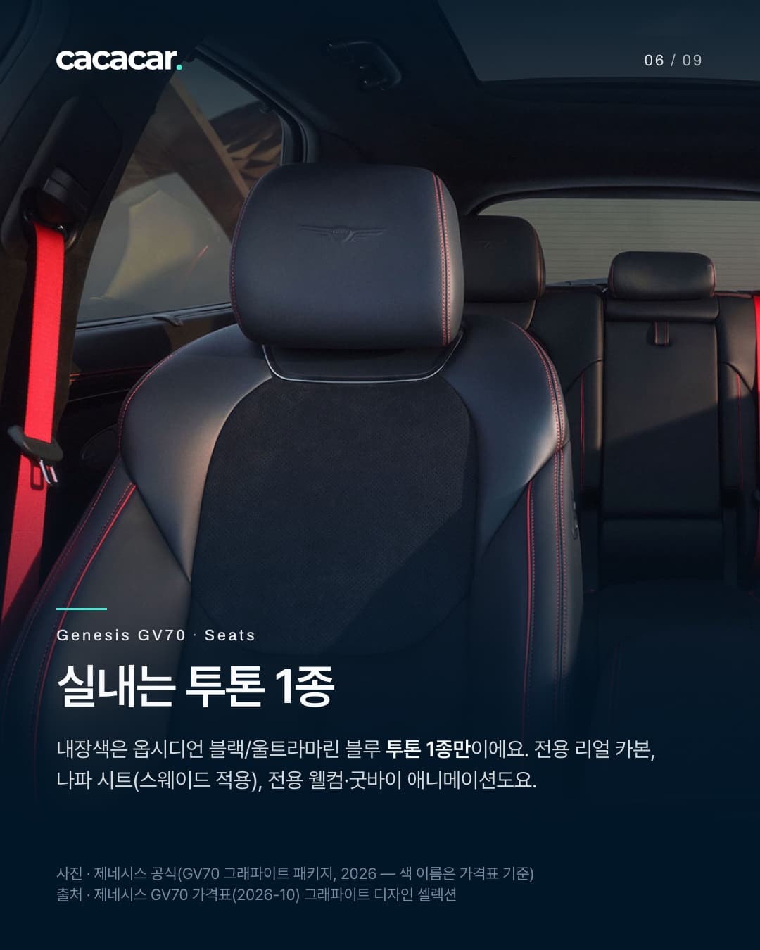 6장. 제네시스 GV70 그래파이트 패키지의 운전석 시트를 가까이 본 사진으로, 헤드레스트에 새겨진 로고와 붉은 안전벨트, 스웨이드가 들어간 어두운 투톤 시트(사진에서는 검정에 가깝게 보임)가 보인다. 제목 '실내는 투톤 1종'.