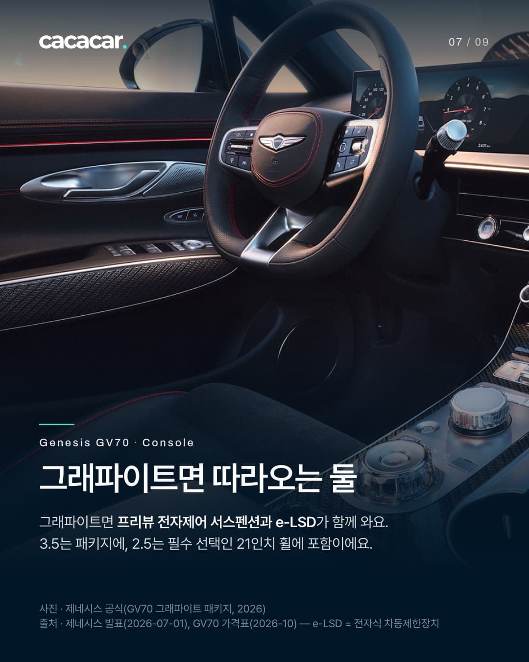 7장. 제네시스 GV70 그래파이트 패키지의 운전석 쪽 대시보드로, 붉은 스티치가 들어간 운전대와 리얼 카본 장식, 어두운 실내와 변속 다이얼이 보인다. 제목 '그래파이트면 따라오는 둘'.