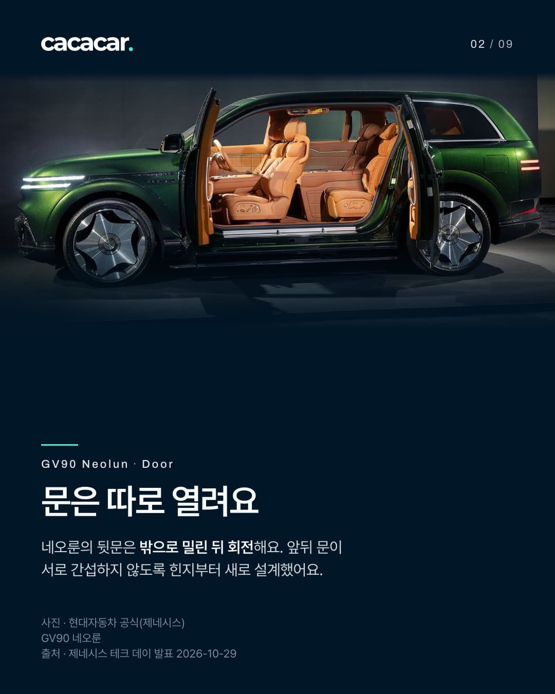 2장. 문은 따로 열려요 네오룬의 뒷문은 밖으로 밀린 뒤 회전해요. 앞뒤 문이 서로 간섭하지 않도록 힌지부터 새로 설계했어요. 공식사진. 제네시스 GV90 네오룬/발표범위 구분.