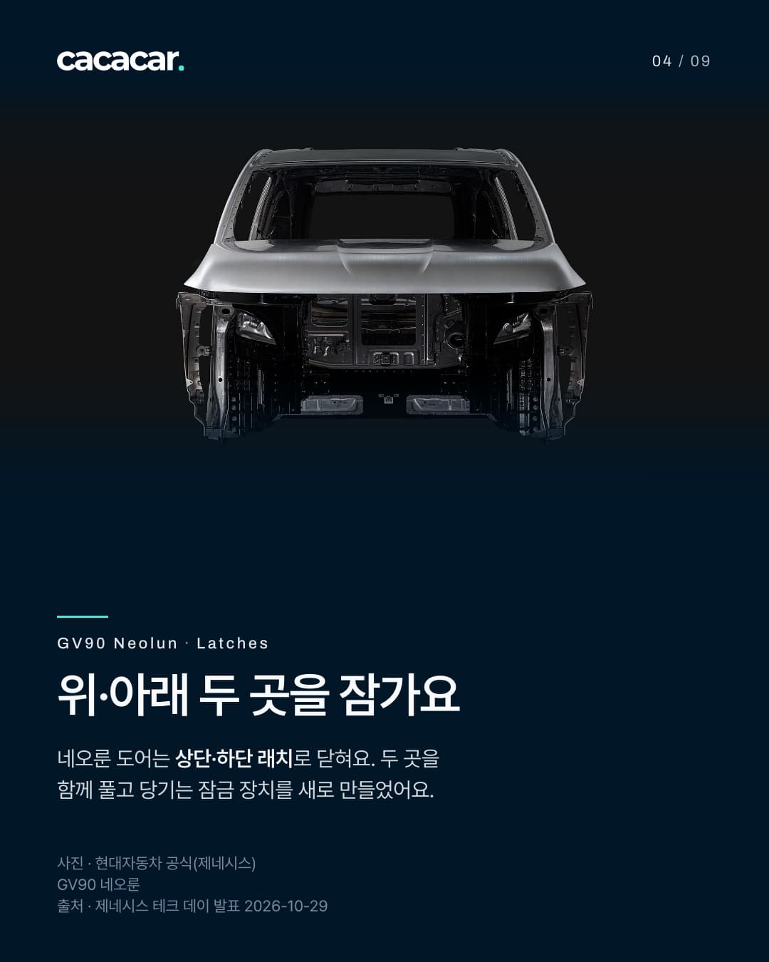 4장. 위·아래 두 곳을 잠가요 네오룬 도어는 상단·하단 래치로 닫혀요. 두 곳을 함께 풀고 당기는 잠금 장치를 새로 만들었어요. 공식사진. 제네시스 GV90 네오룬/발표범위 구분.