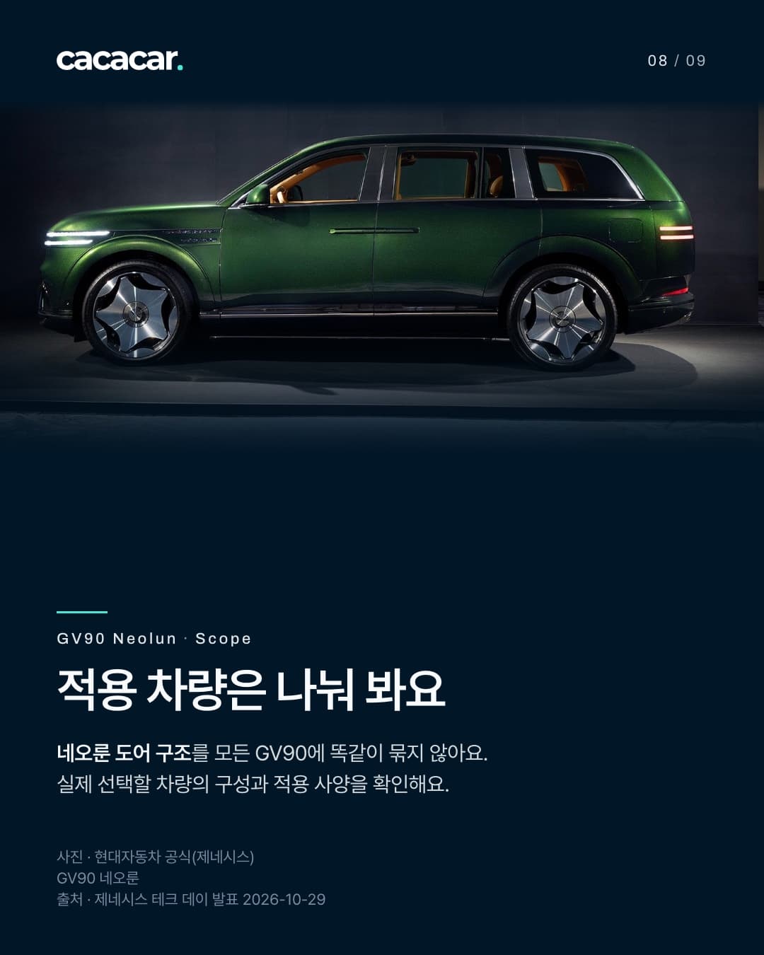 8장. 적용 차량은 나눠 봐요 네오룬 도어 구조를 모든 GV90에 똑같이 묶지 않아요. 실제 선택할 차량의 구성과 적용 사양을 확인해요. 공식사진. 제네시스 GV90 네오룬/발표범위 구분.