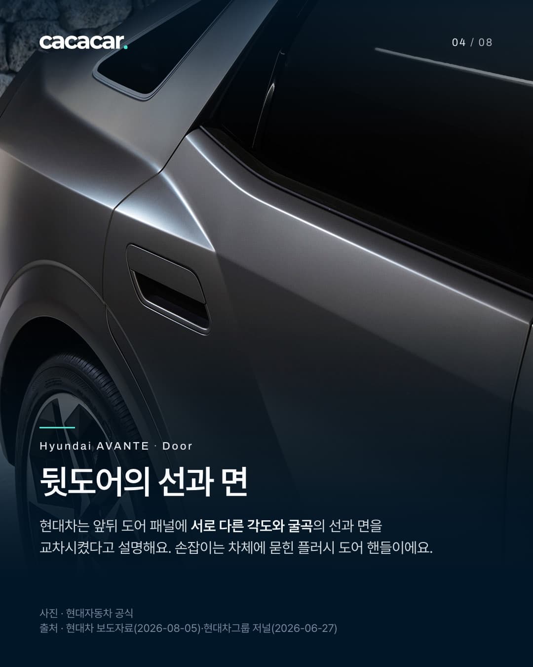 4장. 돌벽 앞 아반떼의 뒷도어와 뒤 펜더, 뒤쪽 작은 옆창을 가까이 찍은 사진으로, 굴곡진 도어 면과 차체에 묻힌 도어 손잡이가 보인다. 제목 '뒷도어의 선과 면'.