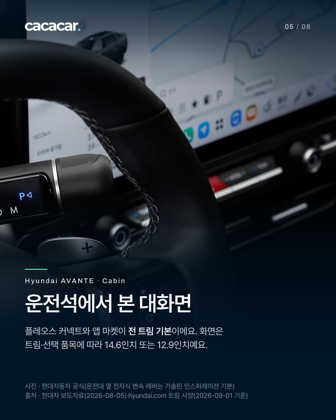 5장. 운전석에서 본 아반떼 실내 사진으로, 지도와 앱 아이콘이 뜬 넓은 센터 화면이 위쪽을 채우고 그 앞으로 가죽 운전대 테두리가 지나가며, 왼쪽 끝에는 P·M 표시가 보이는 변속 레버 끝부분이 걸쳐 있다. 제목 '운전석에서 본 대화면'.