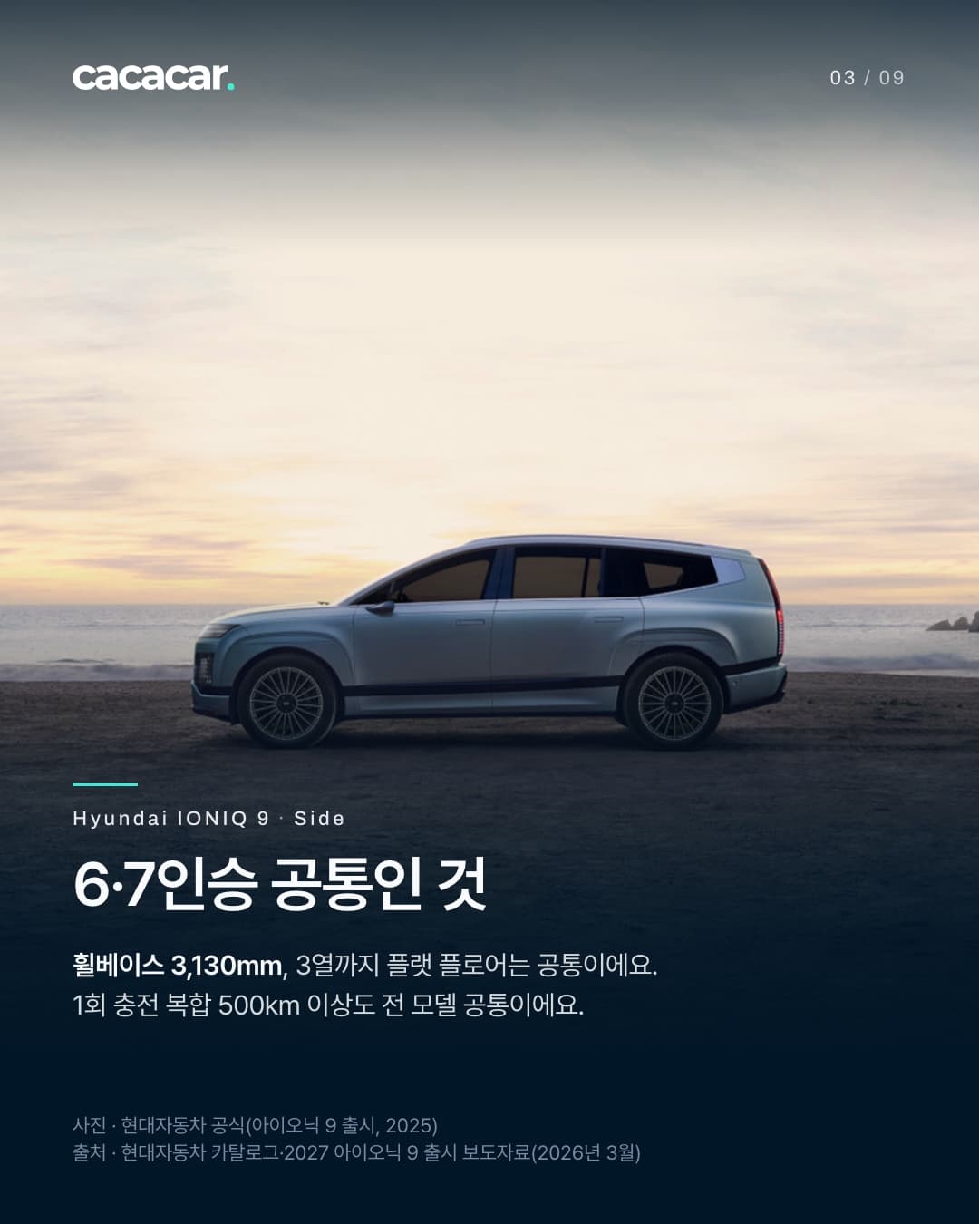 3장. 노을 진 하늘과 바다를 등지고 해변에 선 아이오닉 9의 정측면으로, 번호판은 보이지 않는다. 제목 '6·7인승 공통인 것'.
