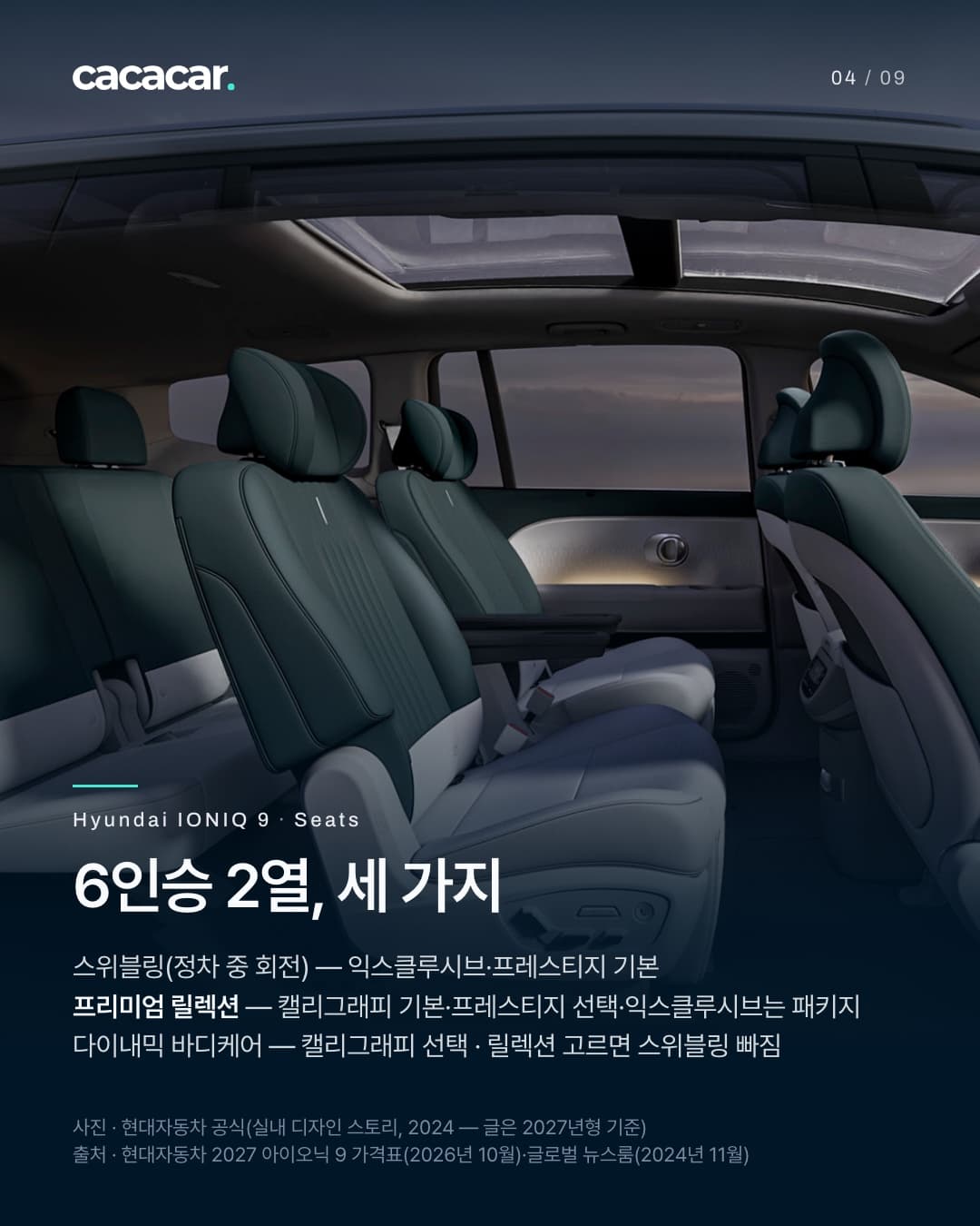 4장. 1·2·3열을 한눈에 보여 주는 아이오닉 9 실내 단면 그림(실내 디자인 스토리, 2024)으로, 가운데 2열 독립 시트가 보인다. 제목 '6인승 2열, 세 가지'.