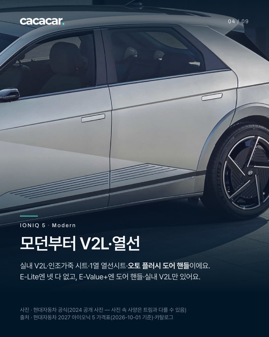 4장. 은색 아이오닉 5의 옆면을 가까이 본 모습으로, 차체에 붙은 두 도어 손잡이와 뒷바퀴가 보인다. 제목 '모던부터 V2L·열선'.