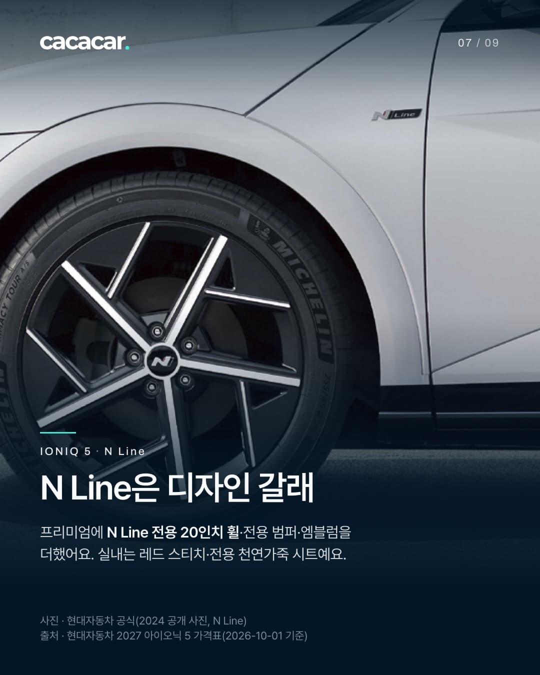 7장. 은색 아이오닉 5 N Line의 N 휠캡이 달린 다섯 갈래 휠과 앞 펜더의 N Line 엠블럼을 가까이 찍은 모습. 제목 'N Line은 디자인 갈래'.