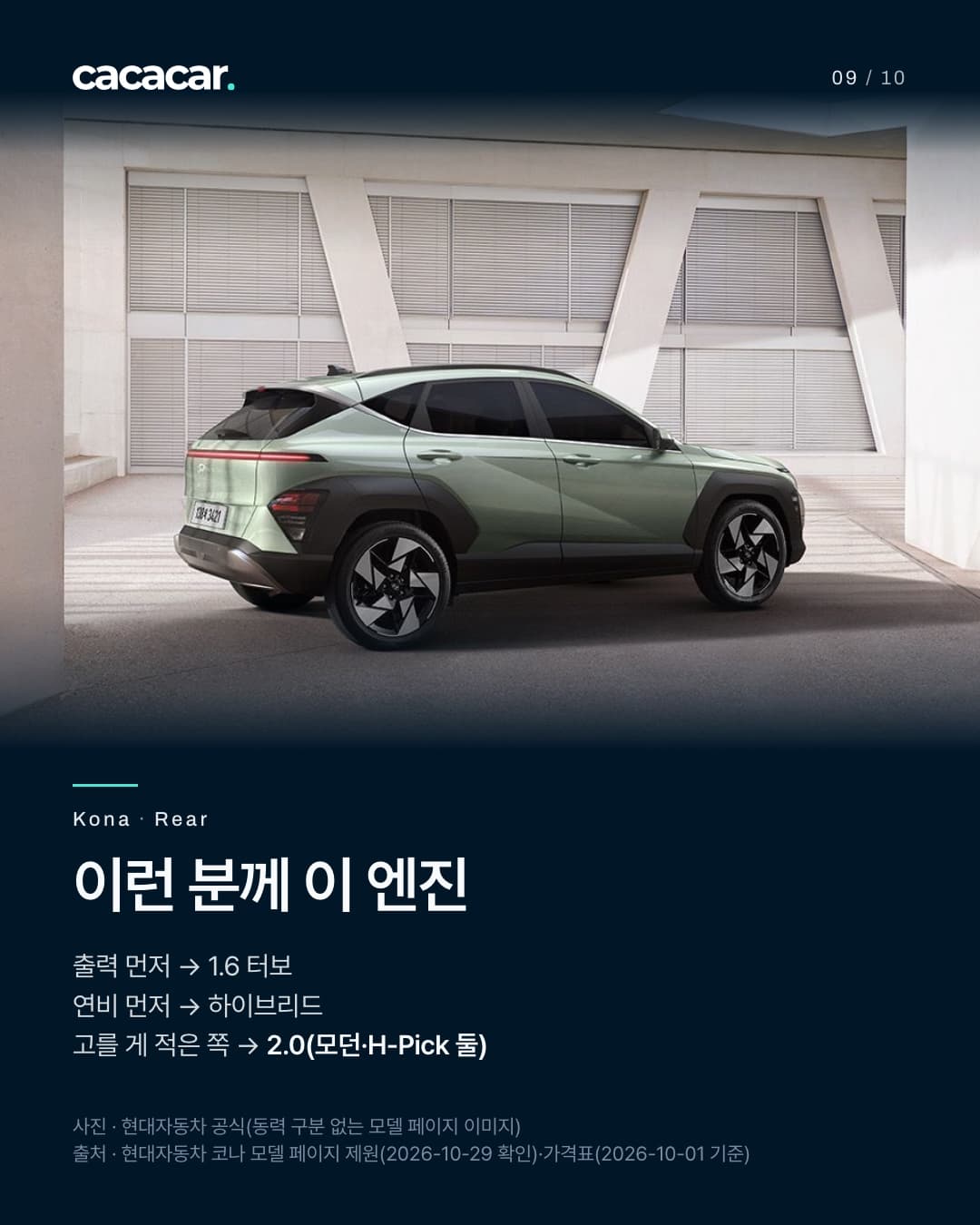 9장. 흰 기둥 건축 앞 세이지 그린 코나의 뒤쪽 비스듬한 모습. 제목 '이런 분께 이 엔진' — 출력이 먼저면 1.6 터보, 연비가 먼저면 하이브리드, 고를 게 적은 쪽은 2.0(모던·H-Pick 둘).