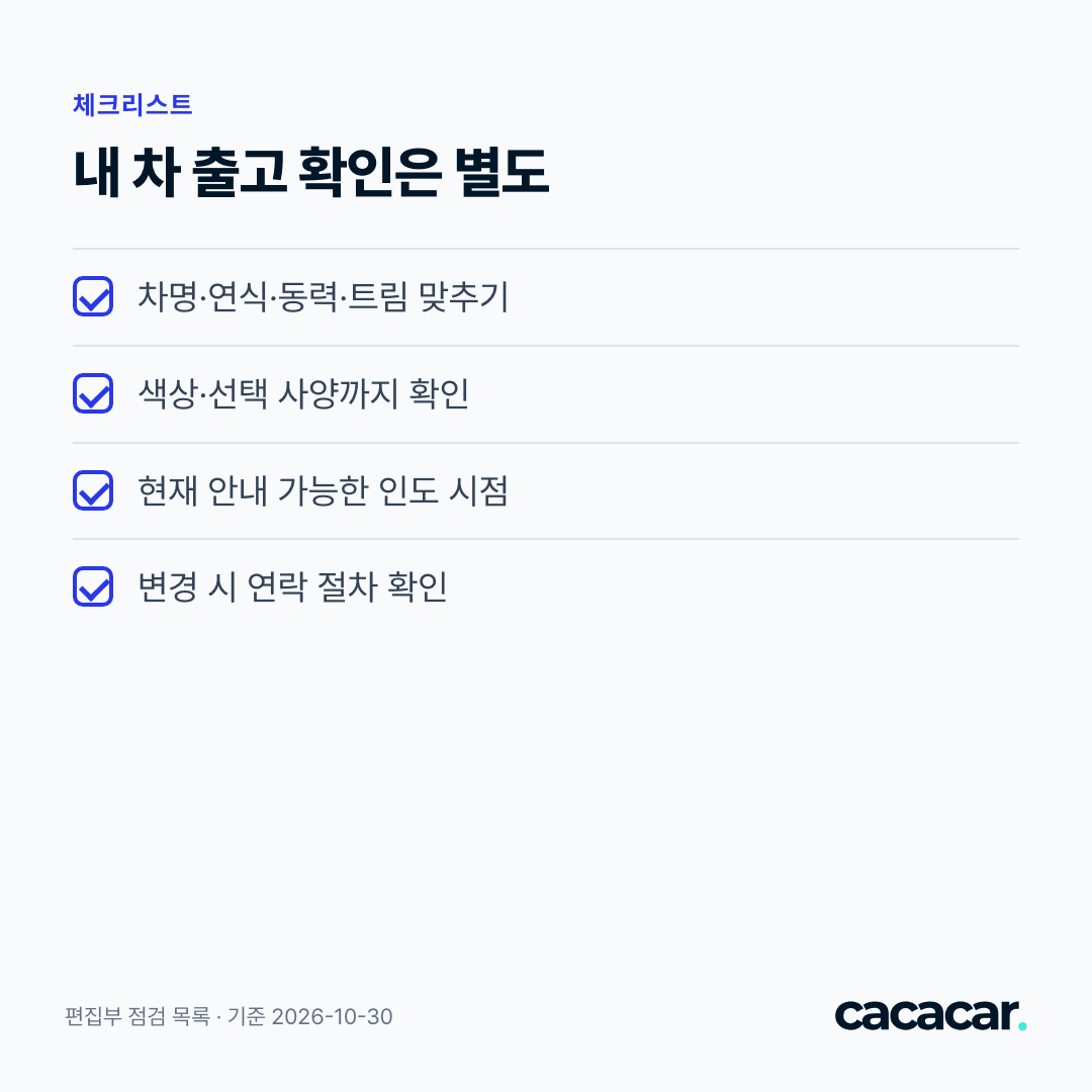 내 차 출고 확인은 별도: 차명·연식·동력·트림 맞추기 · 색상·선택 사양까지 확인 · 현재 안내 가능한 인도 시점 · 변경 시 연락 절차 확인