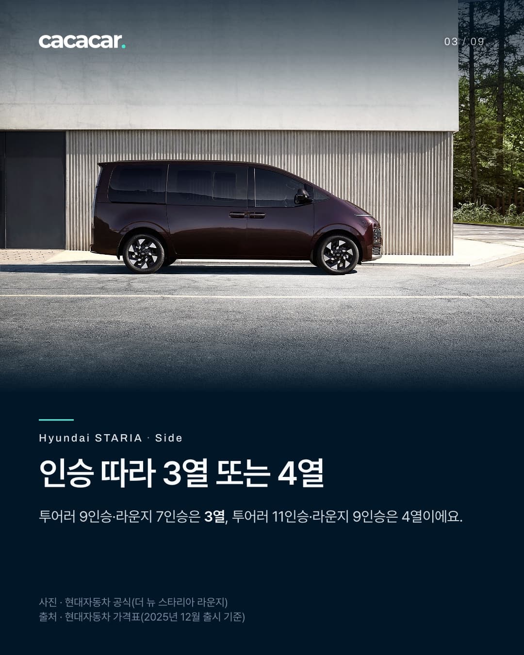 3장. 콘크리트 벽 앞에 선 더 뉴 스타리아 라운지의 정측면. 제목 '인승 따라 3열 또는 4열'.
