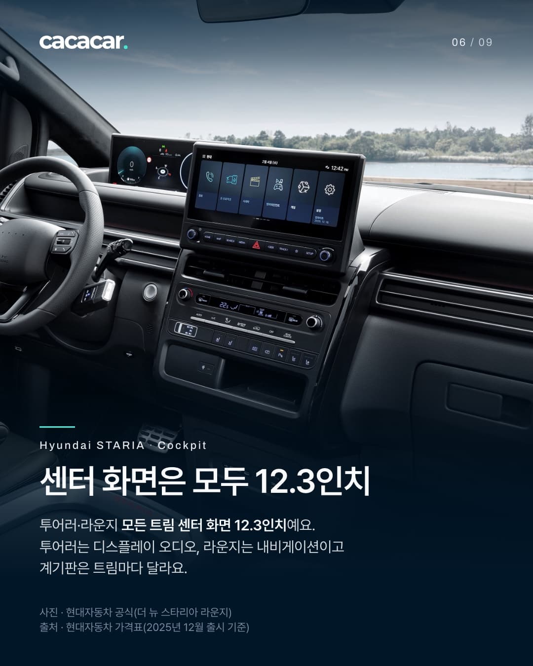 6장. 더 뉴 스타리아 라운지 운전석으로, 스티어링 휠과 계기판 화면, 대시보드 가운데의 센터 화면이 보인다. 제목 '센터 화면은 모두 12.3인치'.