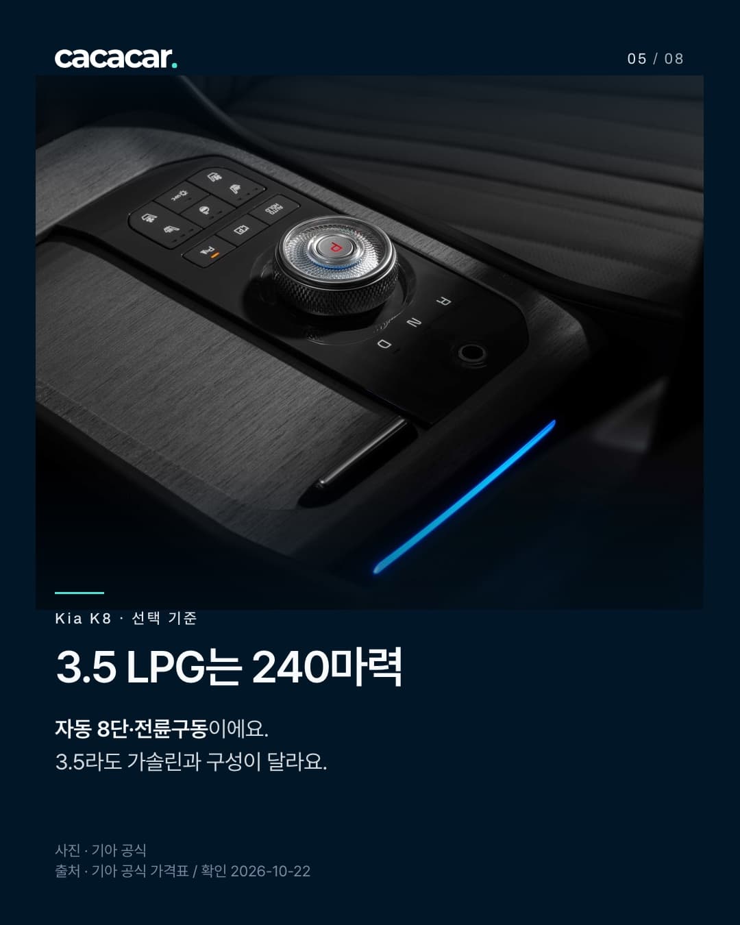 Kia K8 공식 사진. 3.5 LPG는 240마력 · 자동 8단·전륜구동이에요. 3.5라도 가솔린과 구성이 달라요. 사진 속 장비는 해당 트림 기본 여부와 다를 수 있음.