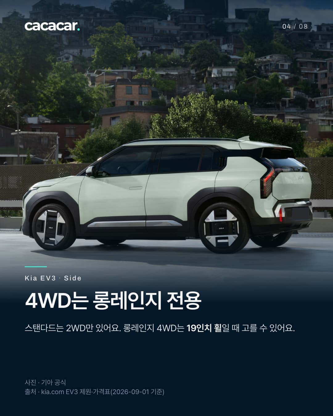 4장. 언덕 위 주택가를 배경으로 옆에서 본 기아 EV3로, 차 전체 옆모습과 앞뒤 바퀴가 보이고 뒤 번호판은 단색으로 가렸다. 제목 '4WD는 롱레인지 전용'.