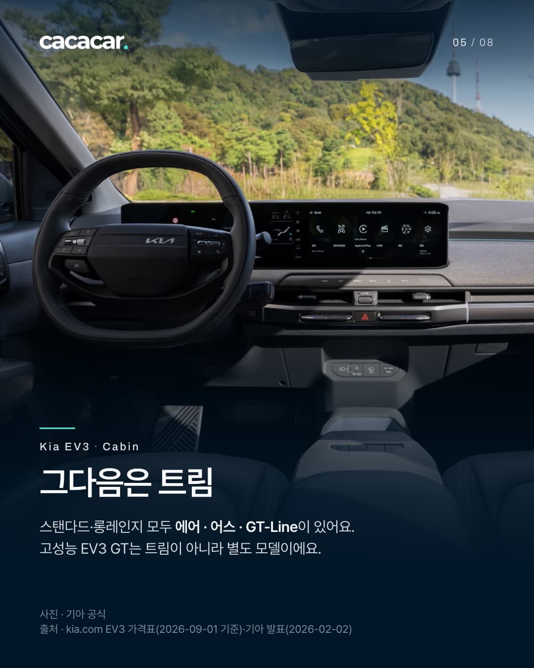 5장. 운전석 쪽에서 본 기아 EV3 실내로, 운전대와 대시보드 위 가로로 긴 화면, 앞유리 너머 초록 언덕이 보인다. 제목 '그다음은 트림'.