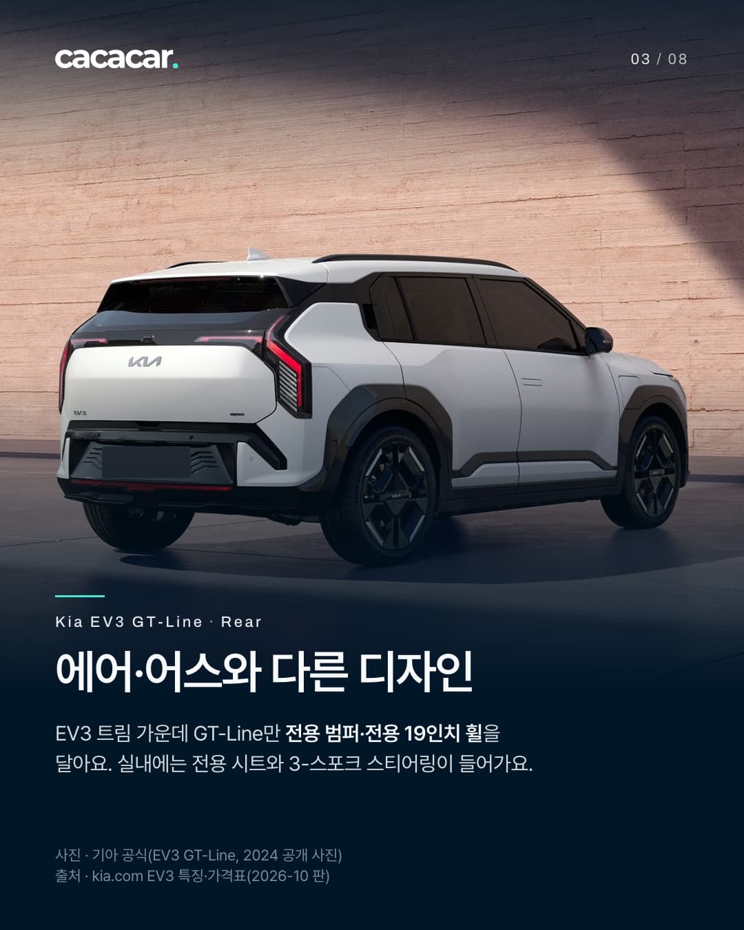 3장. 같은 스튜디오에서 흰색 EV3 GT-Line을 뒤쪽 비스듬히 본 모습으로 19인치 휠이 보이고 뒤 번호판은 가렸다. 제목 '에어·어스와 다른 디자인', 본문은 EV3 트림 가운데 GT-Line만 전용 범퍼·전용 19인치 휠을 달고 실내에는 전용 시트와 3-스포크 스티어링이 들어간다는 내용.