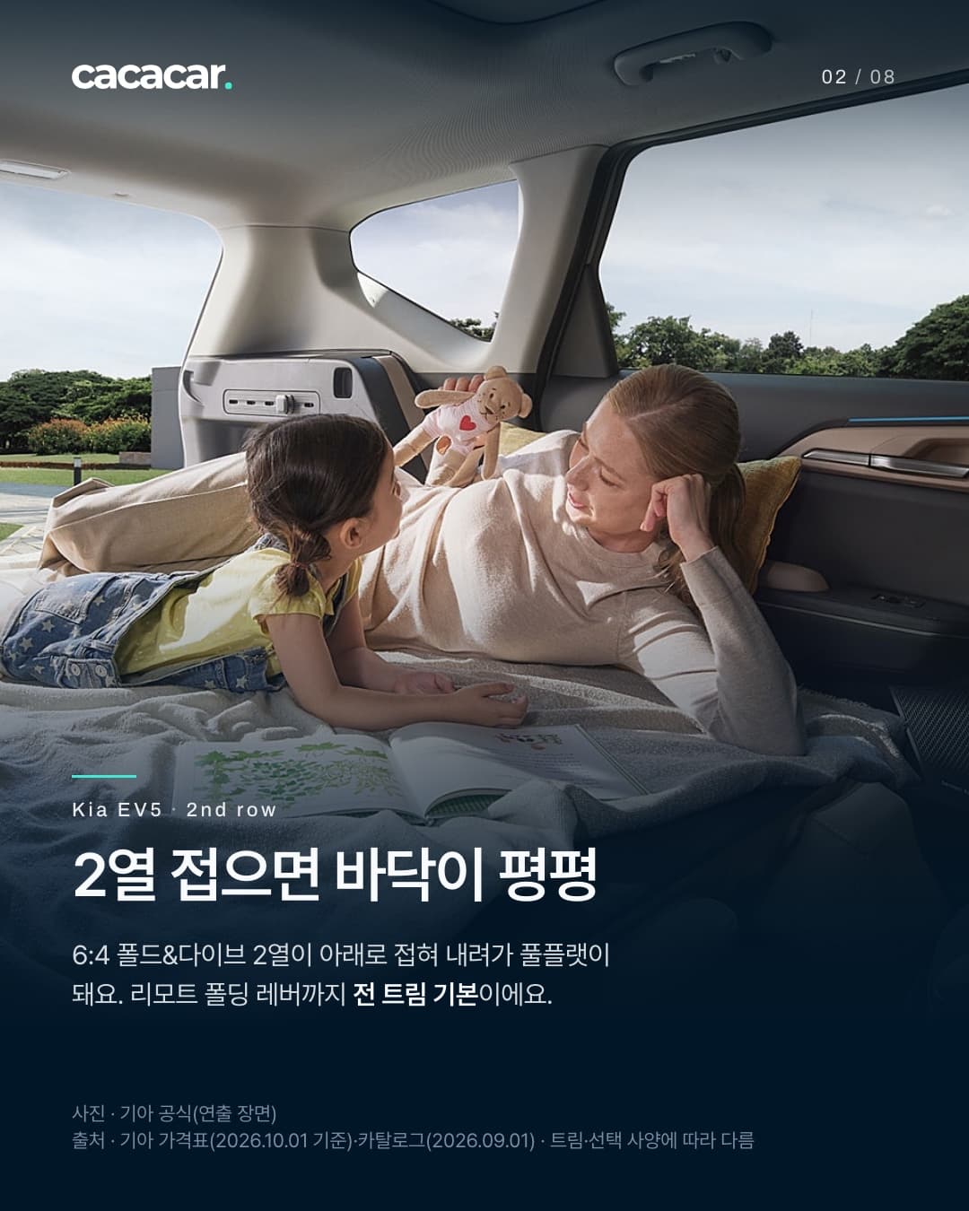 2장. 2열을 접어 평평해진 EV5 뒤쪽 바닥에 담요를 깔고 여성과 아이가 엎드려 곰 인형과 그림책을 보는 연출 장면. 제목 '2열 접으면 바닥이 평평', 본문은 6:4 폴드&다이브 2열과 리모트 폴딩 레버가 전 트림 기본.