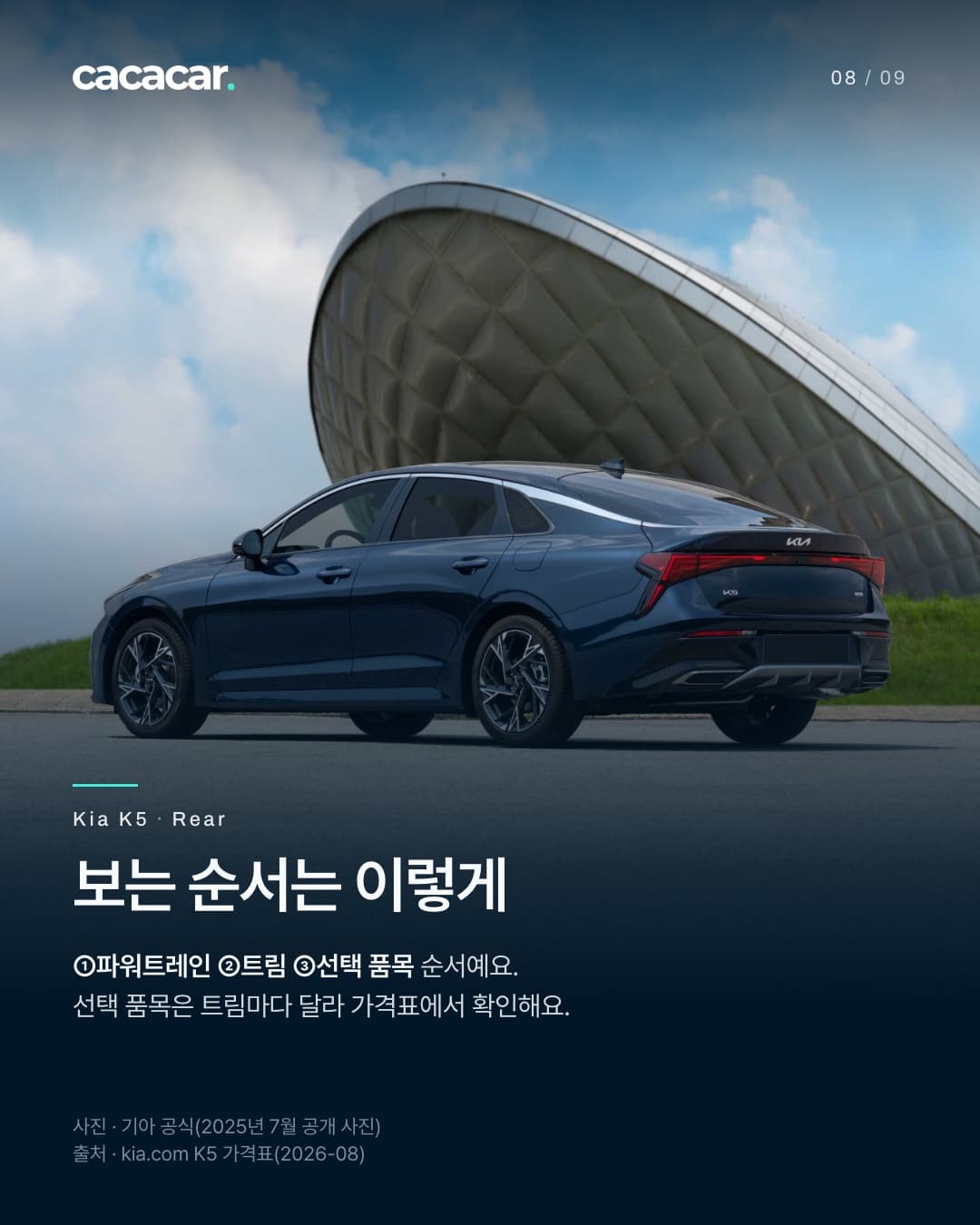 8장. 둥근 지붕 건축물 앞에서 비스듬히 뒤에서 본 남색 기아 K5로, 테일램프와 뒷모습이 보이고 뒤 번호판은 단색으로 가렸다. 제목 '보는 순서는 이렇게'.