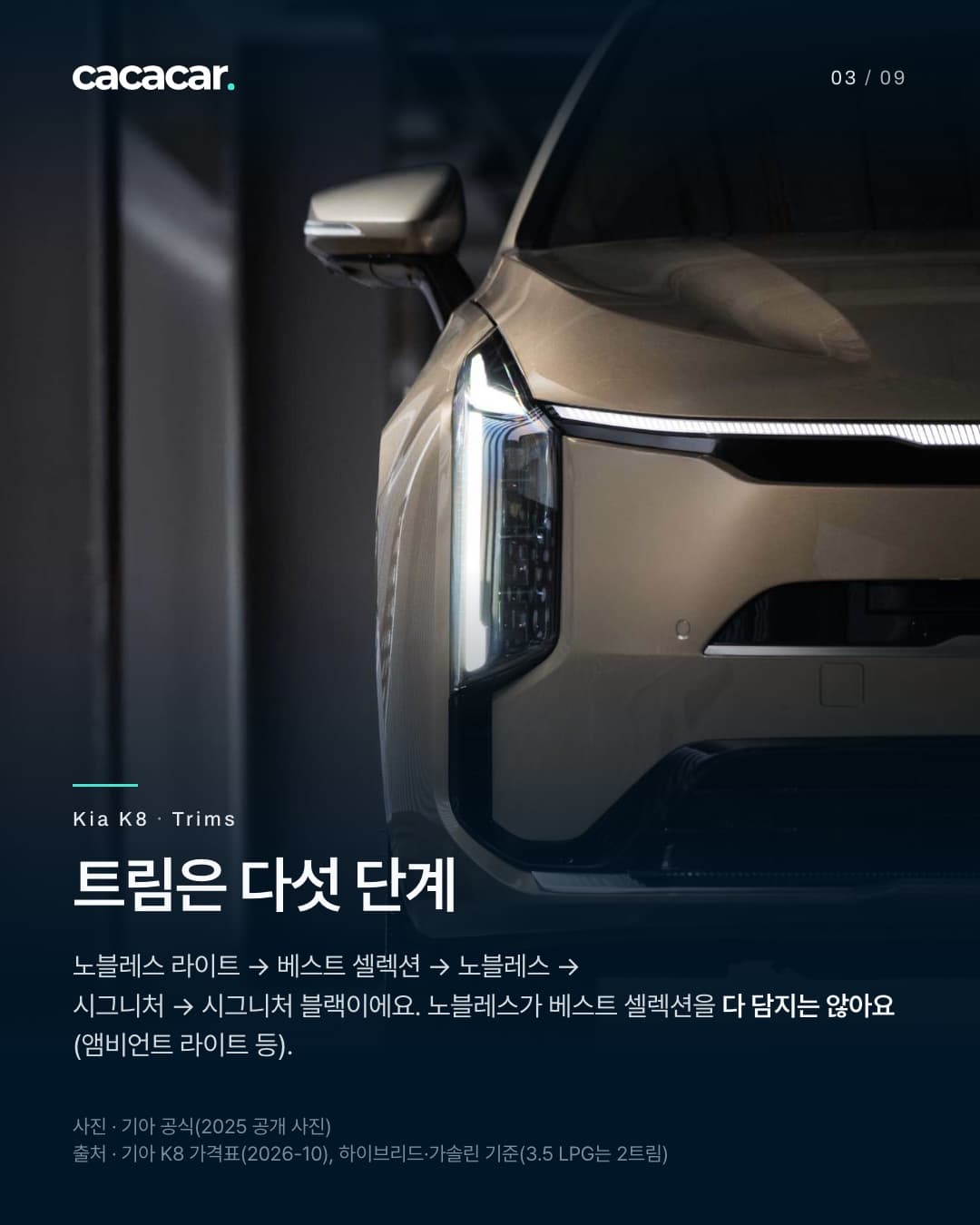 3장. 어두운 주차장에서 가까이 찍은 브론즈색 기아 K8의 세로형 헤드램프와 가로로 이어진 주간주행등, 사이드미러. 제목 '트림은 다섯 단계'.