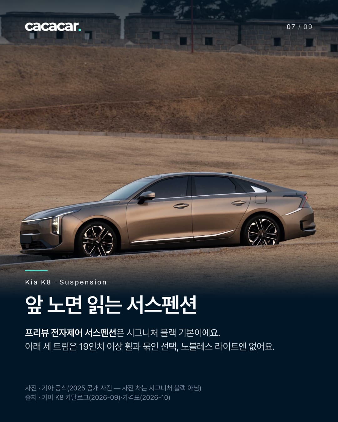 7장. 성곽 앞 마른 잔디밭에 선 브론즈색 기아 K8의 옆모습으로, 앞 번호판은 단색으로 가렸다. 제목 '앞 노면 읽는 서스펜션'.