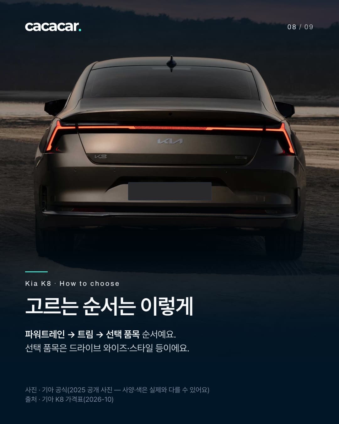 8장. 노을 진 해변에서 정면 뒤로 본 브론즈색 기아 K8, 가로로 이어진 붉은 테일램프가 켜져 있고 뒤 번호판은 단색으로 가렸다. 제목 '고르는 순서는 이렇게', 본문은 파워트레인 → 트림 → 선택 품목 순서이고 선택 품목은 드라이브 와이즈·스타일 등이라는 내용.
