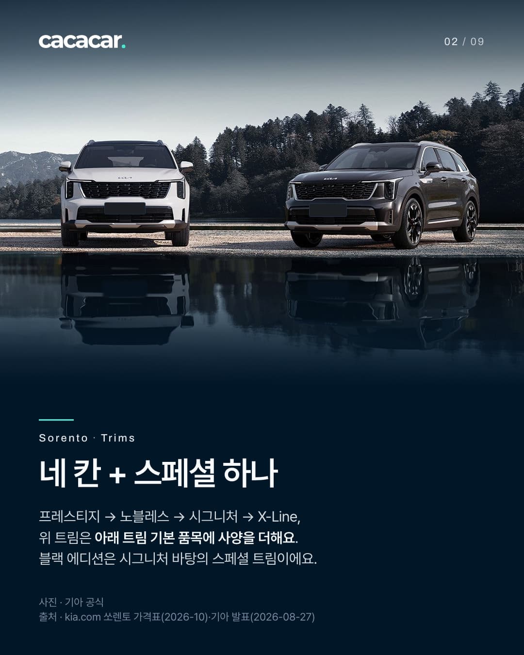 2장. 숲과 호수를 배경으로 흰색과 회색 쏘렌토 두 대가 정면을 보고 서 있고 물에 반사가 비친다. 번호판과 물에 비친 번호판은 단색으로 가렸다. 제목 '네 칸 + 스페셜 하나'.