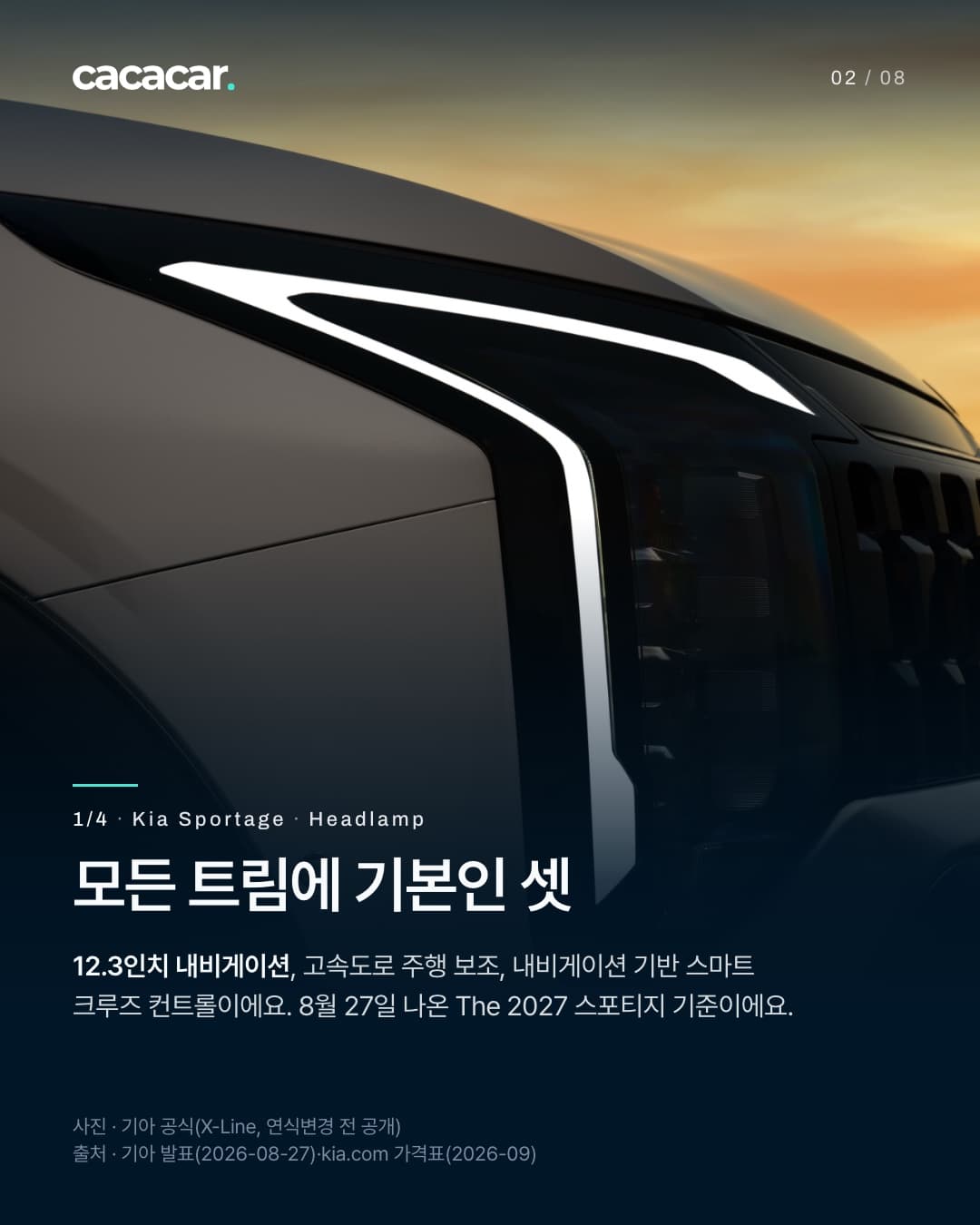 2장. 해 질 녘 하늘을 배경으로 회색 기아 스포티지 앞머리를 가까이 찍은 사진으로, 꺾인 모양의 흰 주간등과 그릴 옆이 보인다. 제목 '모든 트림에 기본인 셋'.