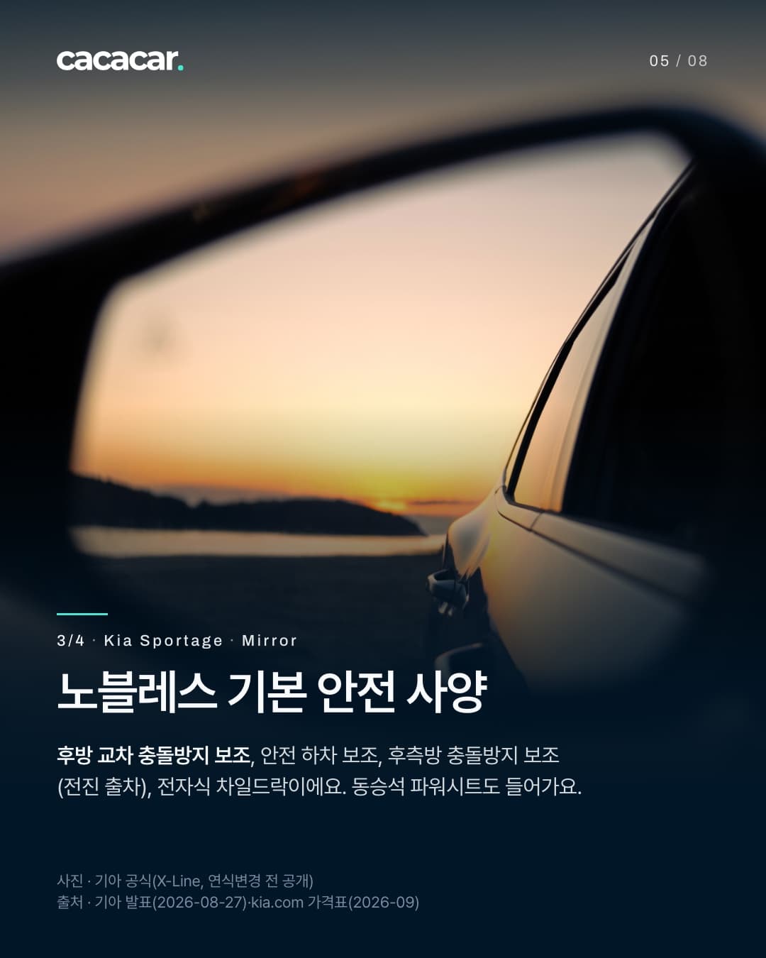 5장. 스포티지 사이드미러에 해 질 녘 하늘과 차 옆면이 비친 사진. 제목 '노블레스 기본 안전 사양'.