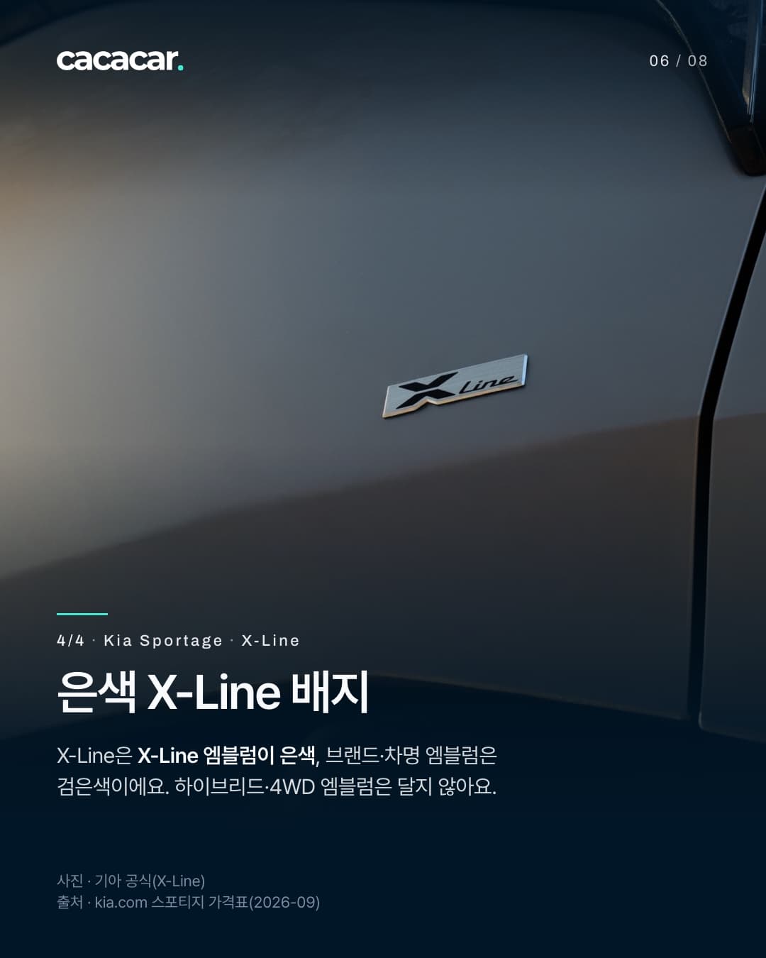 6장. 회색 스포티지 테일게이트를 가까이 찍은 사진으로, 은색 X-Line 배지가 크게 보인다. 제목 '은색 X-Line 배지'.
