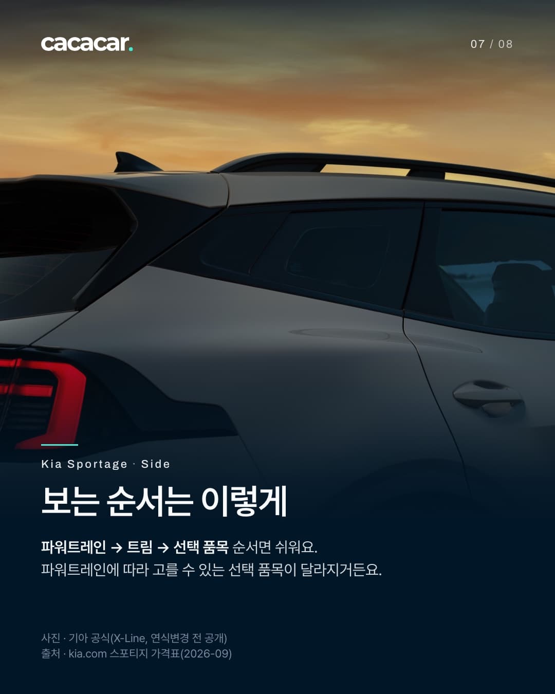 7장. 해 질 녘 하늘 아래 회색 스포티지 X-Line의 뒤 옆면과 테일램프, 루프랙이 보이는 사진. 제목 '보는 순서는 이렇게'.