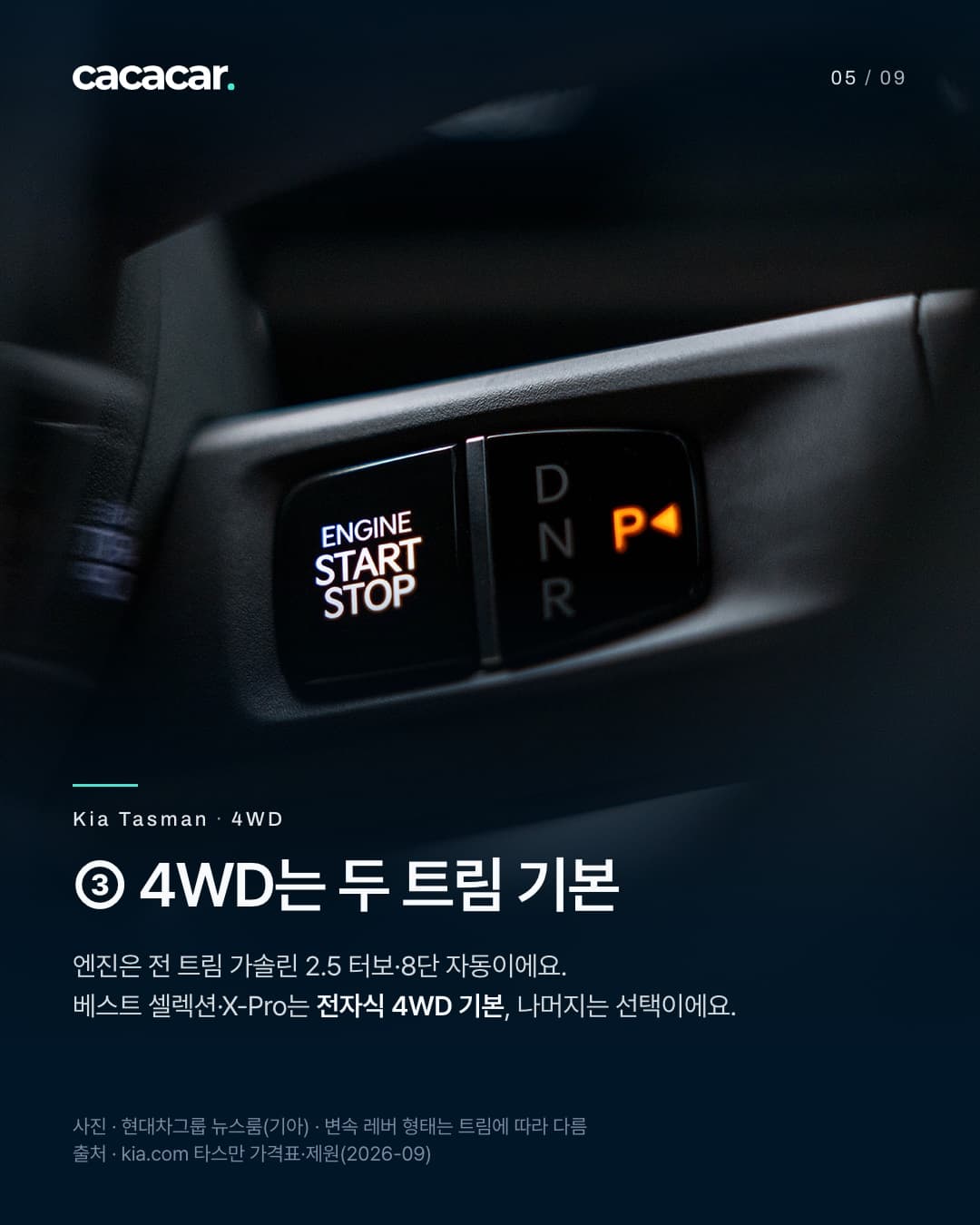 5장. 어두운 실내에서 가까이 찍은 ENGINE START STOP 버튼과 D·N·R·P 변속 표시(P에 불이 들어옴). 제목 '③ 4WD는 두 트림 기본'.
