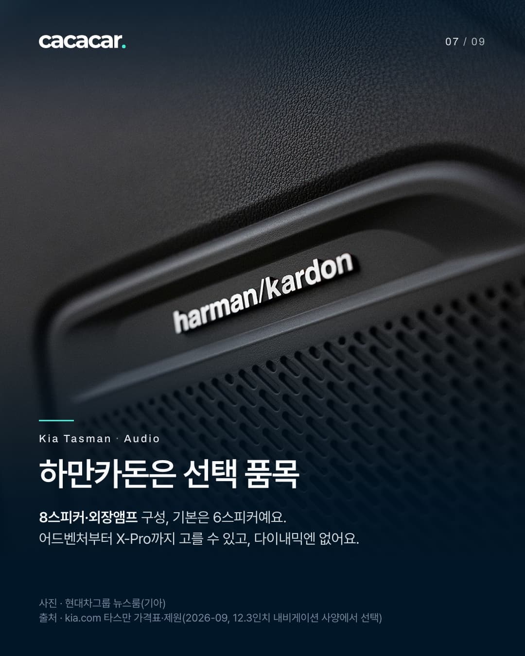 7장. 도어 스피커 그릴에 붙은 harman/kardon 배지를 가까이 찍은 사진. 제목 '하만카돈은 선택 품목'.