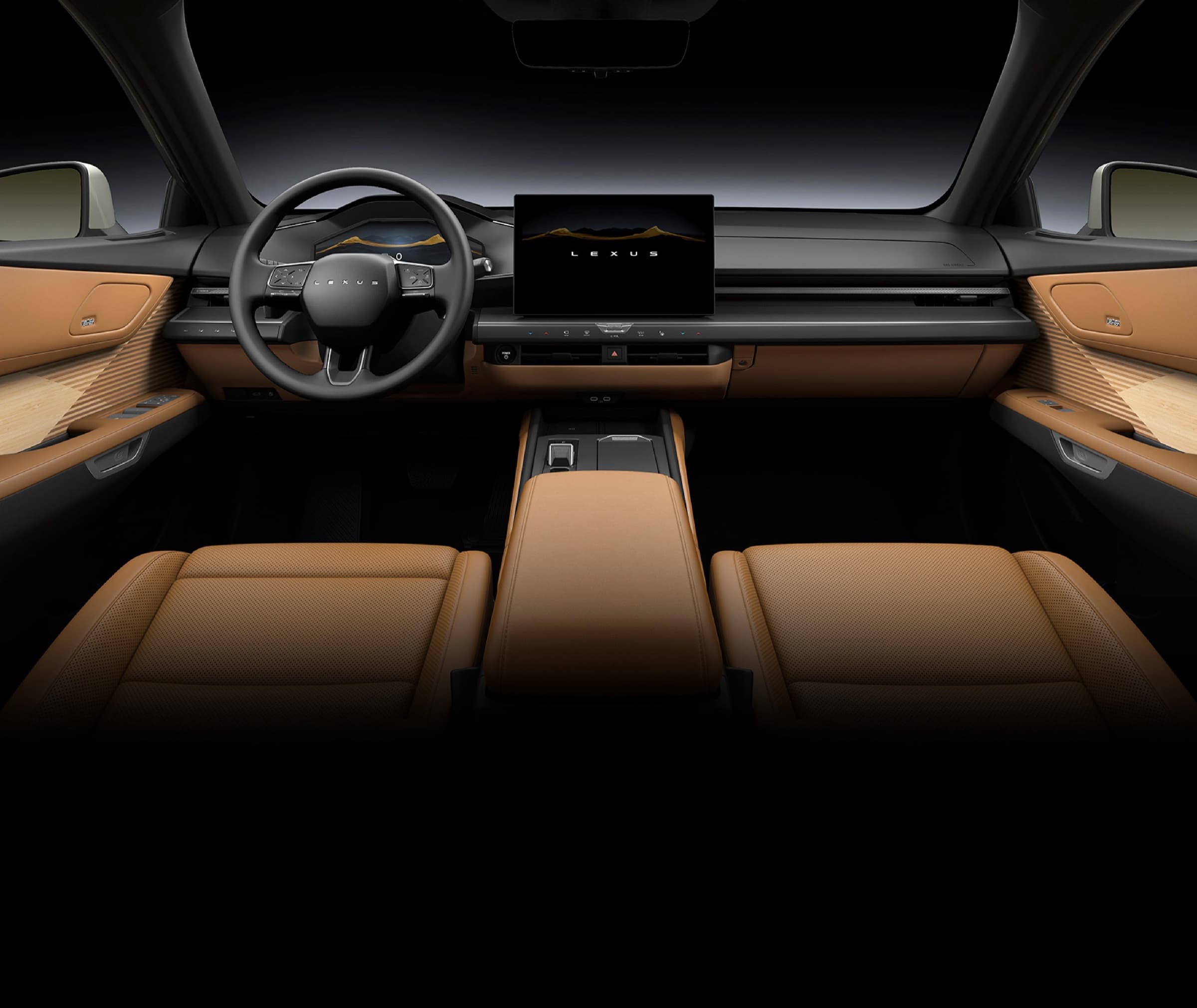 렉서스 All-New ES 실내 전경. 대형 센터 디스플레이와 LEXUS 글자가 가로로 새겨진 스티어링 휠, 밝은 갈색 시트가 보이는 렉서스코리아 공식 이미지
