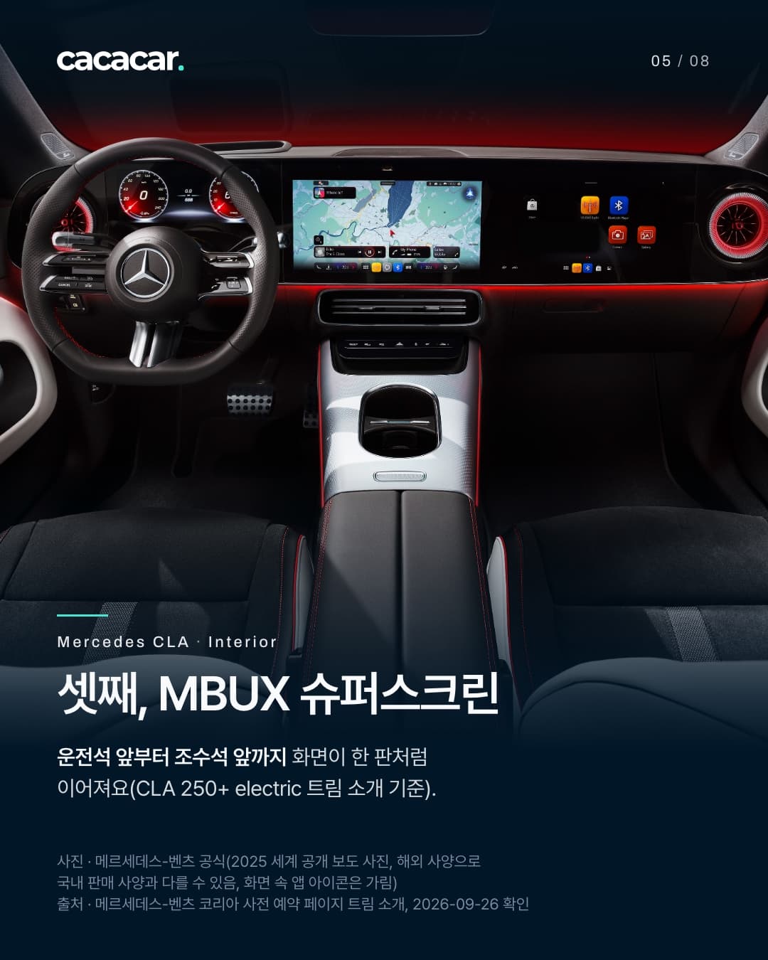 5장. CLA 실내를 앞에서 찍은 사진. 운전대 너머 계기 화면, 지도가 뜬 중앙 화면, 조수석 앞 화면이 한 검은 유리 판 아래 이어지고, 그 아래 붉은 앰비언트 선과 양쪽 붉은 테의 송풍구가 보인다. 조수석 화면의 타사 앱 아이콘은 단색으로 가렸다. 제목 '셋째, MBUX 슈퍼스크린', 본문 '운전석 앞부터 조수석 앞까지 화면이 한 판처럼 이어져요(CLA 250+ electric 트림 소개 기준).'