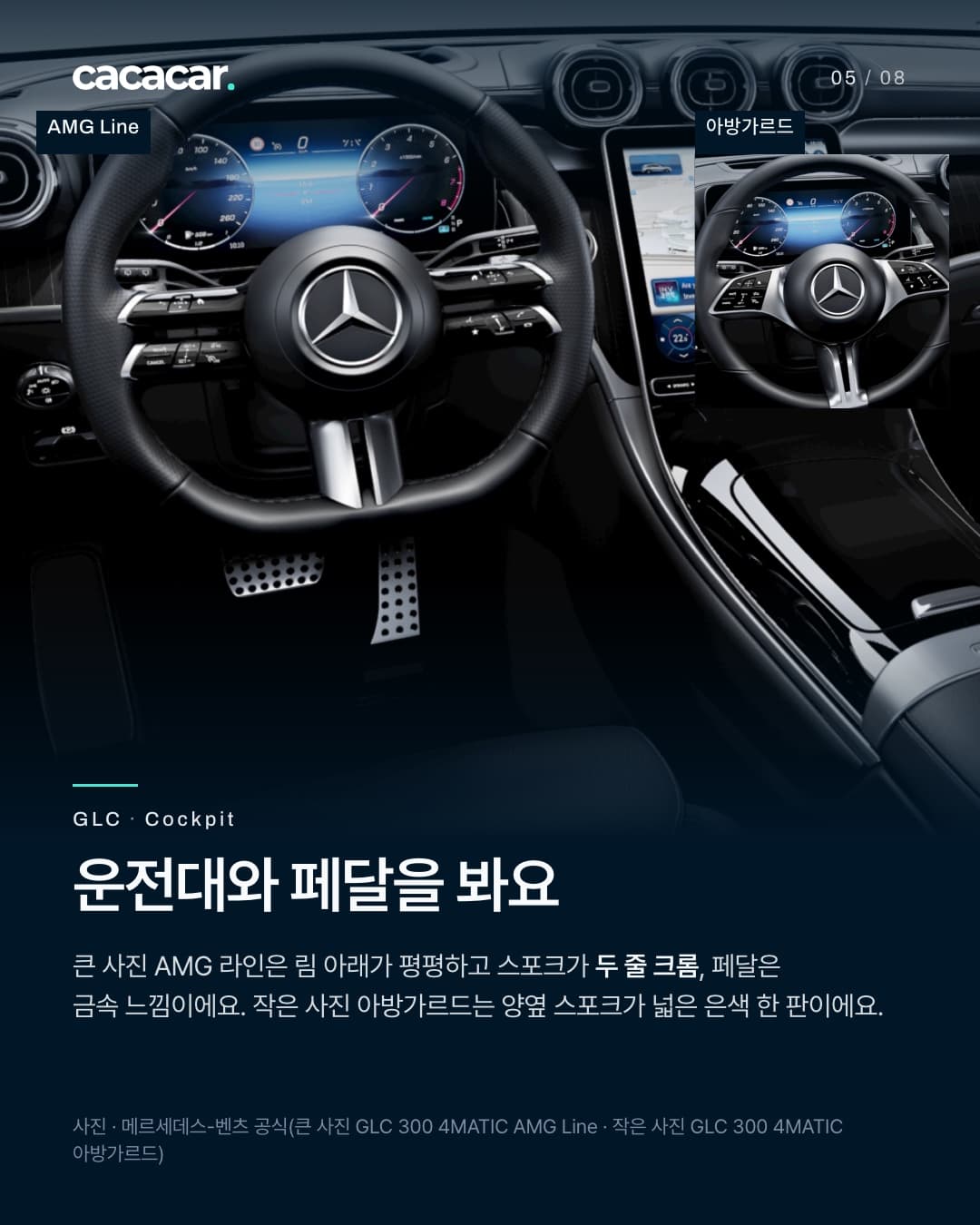 5장. GLC 300 AMG Line 운전석을 크게 본 사진과 오른쪽 위 작은 사진의 아방가르드 운전대. AMG Line은 림 아래가 평평하고 두 줄 크롬 스포크, 구멍 뚫린 은색 페달(금속 느낌), 아방가르드는 양옆 스포크가 넓은 은색 한 판. 제목 '운전대와 페달을 봐요'.