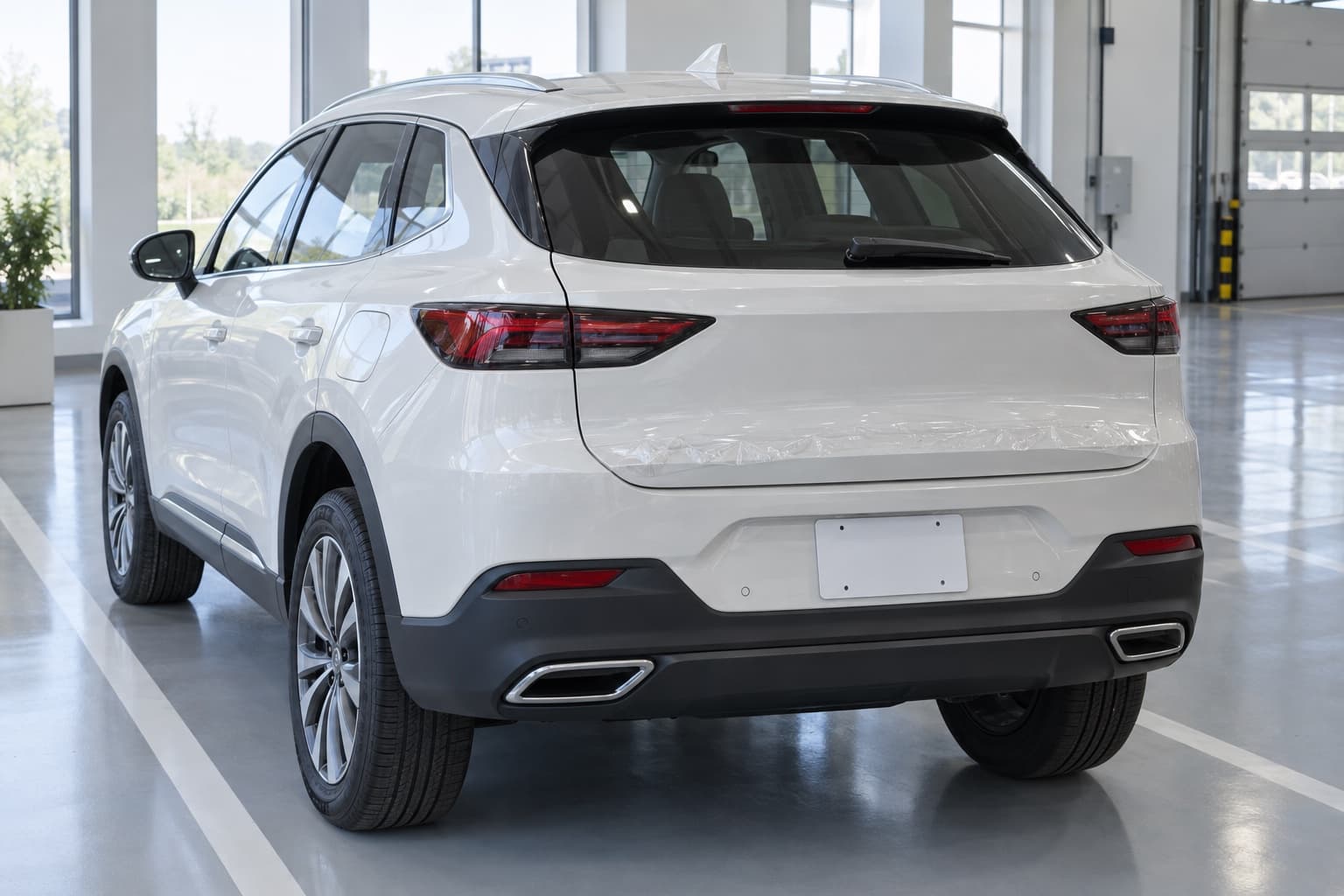 신차 인도장에 선 흰색 SUV 뒷모습, 범퍼에 글자 없는 흰 임시번호판, 테일게이트에 보호필름 (AI 생성 이미지)
