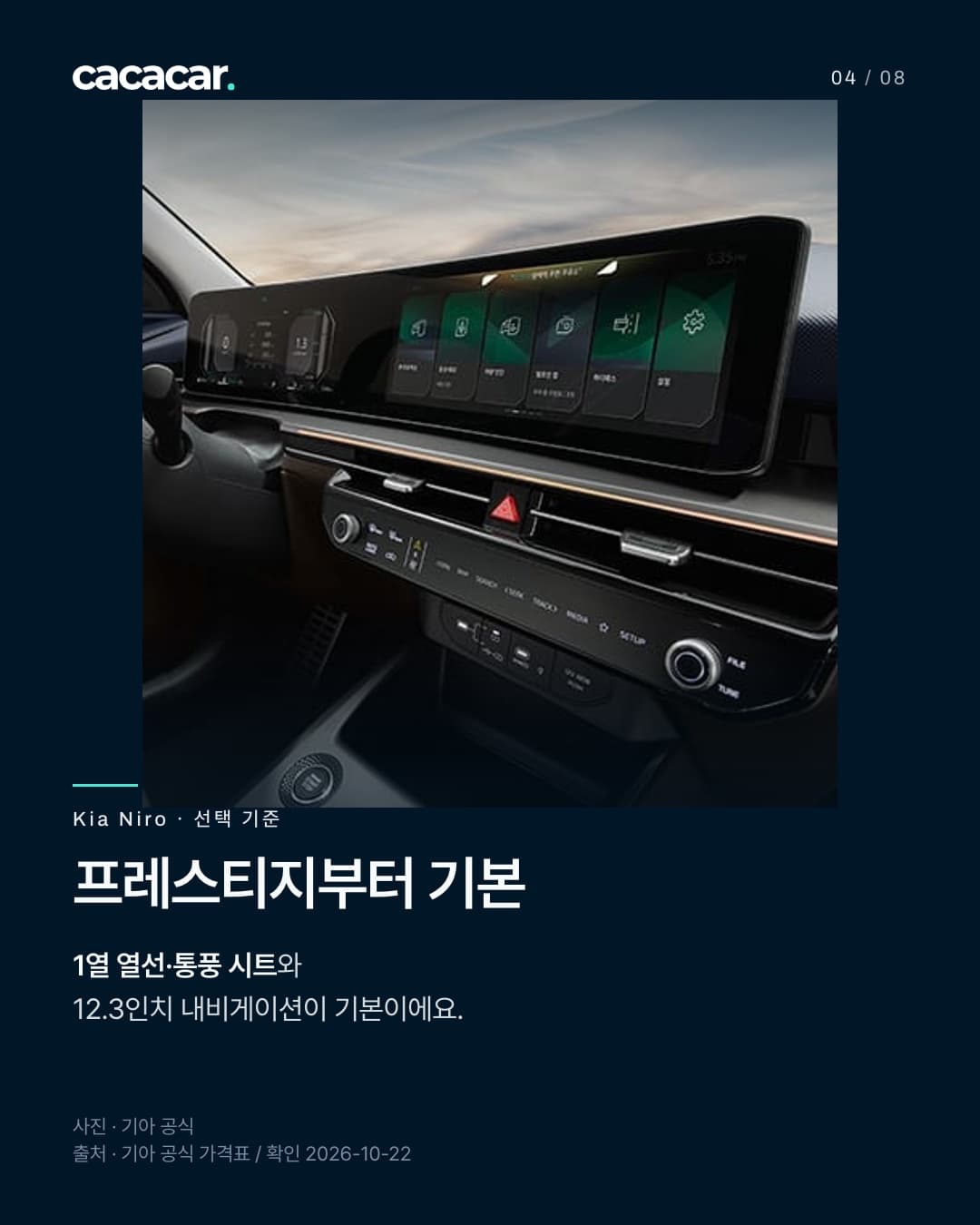 Kia Niro 공식 사진. 프레스티지부터 기본 · 1열 열선·통풍 시트와 12.3인치 내비게이션이 기본이에요. 사진 속 장비는 해당 트림 기본 여부와 다를 수 있음.