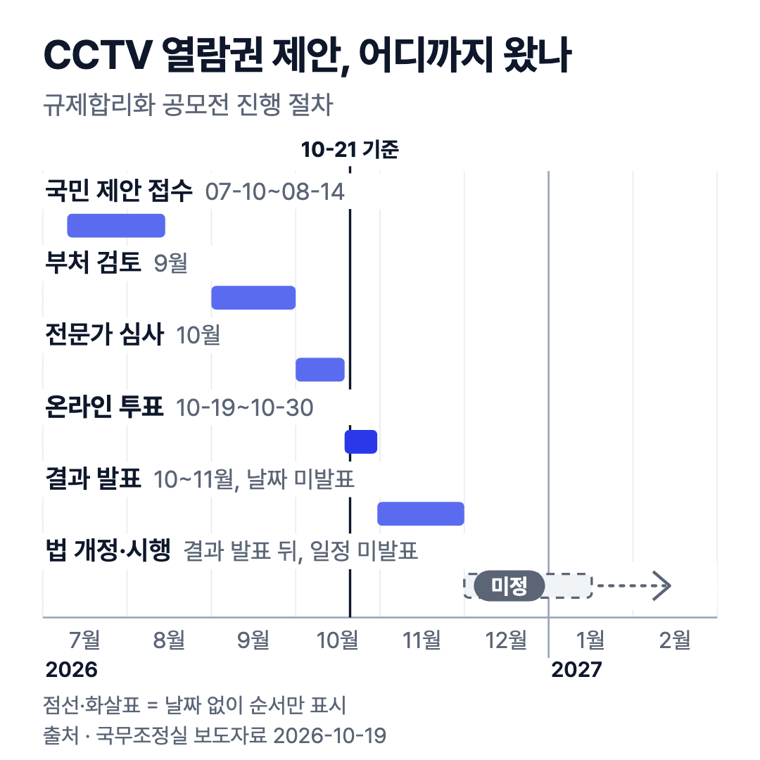 CCTV 열람권 제안 일정 표: 제안 접수 7~8월, 부처 검토 9월, 심사 10월, 투표 10월 19~30일, 결과 발표·법 개정은 날짜 미발표