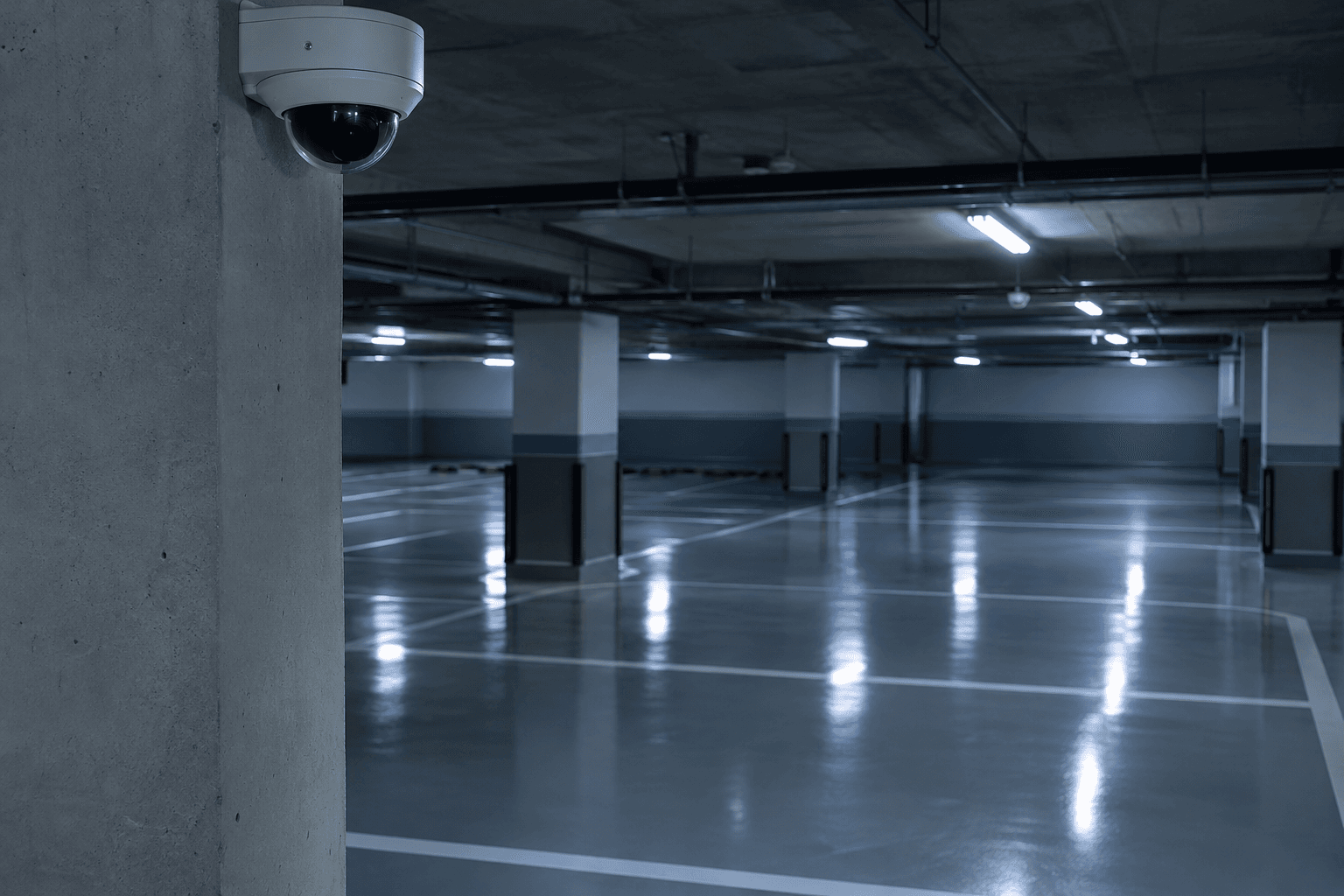 불 켜진 빈 아파트 지하주차장, 앞쪽 콘크리트 기둥에 달린 흰색 돔형 CCTV 카메라