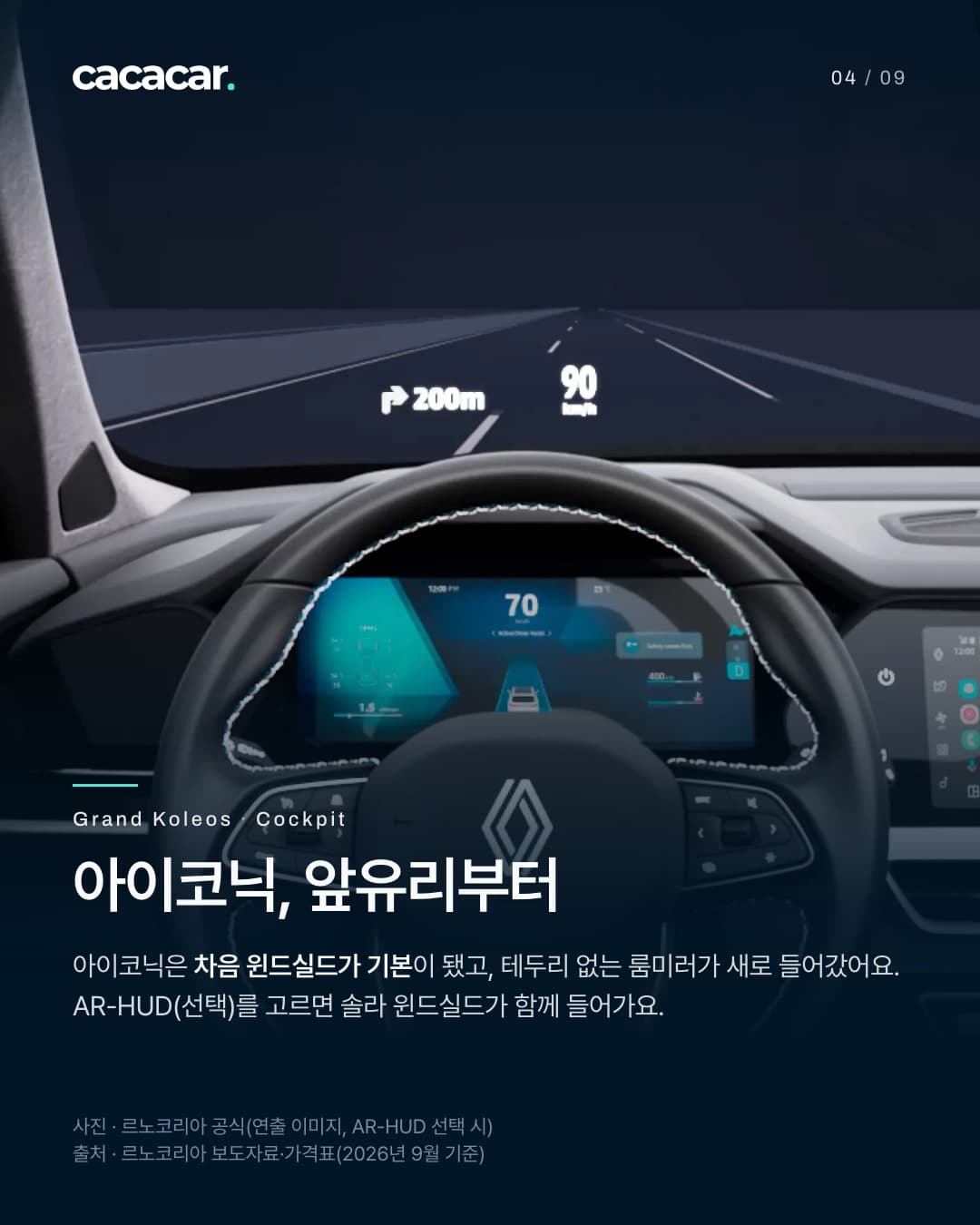 4장. 운전석에서 본 연출 이미지로, 앞유리에 떠 있는 헤드업 디스플레이 표시와 스티어링 휠, 디지털 계기판이 보인다. 제목 '아이코닉, 앞유리부터'.