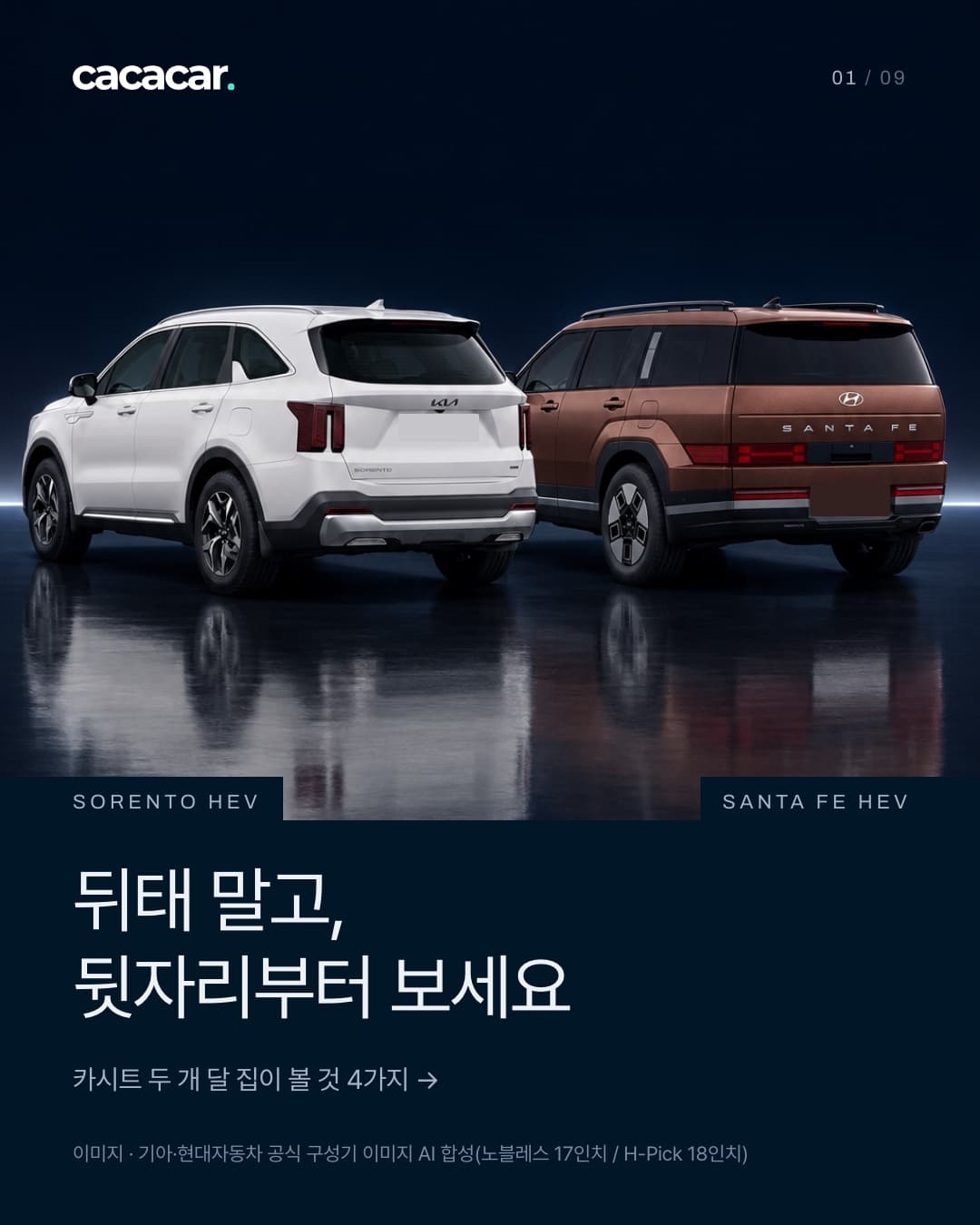AI 합성 이미지(기아·현대자동차 공식 구성기 이미지를 AI로 합성). 짙은 네이비 스튜디오에 흰색 쏘렌토 하이브리드(왼쪽)와 갈색 계열 싼타페 하이브리드(오른쪽)가 같은 방향 뒤 3/4 각도로 나란히 서 있다. 차 뒤로 바퀴 높이의 가는 수평 조명 줄이 지나고, 광택 바닥에 두 차가 비친다. 번호판 자리는 무지 칸으로 가렸다. 이름표 'SORENTO HEV', 'SANTA FE HEV'. 아래 큰 제목 '뒤태 말고, 뒷자리부터 보세요', 보조 줄 '카시트 두 개 달 집이 볼 것 4가지 →', 맨 아래 작은 크레딧 '이미지 · 기아·현대자동차 공식 구성기 이미지 AI 합성(노블레스 17인치 / H-Pick 18인치)'.