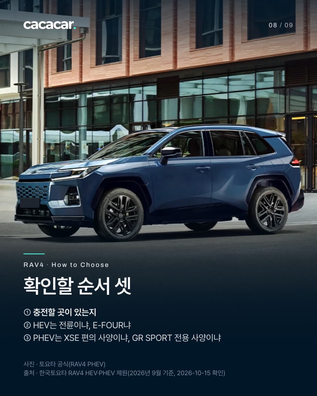 8장. 건물 앞에 선 파란 RAV4 플러그인 하이브리드를 옆에서 비스듬히 본 모습. 제목 '확인할 순서 셋', 본문은 ① 충전할 곳이 있는지 ② HEV는 전륜이냐, E-FOUR냐 ③ PHEV는 XSE 편의 사양이냐, GR SPORT 전용 사양이냐라는 내용.